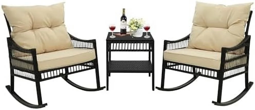 xrboomlife 3 Pieces Outdoor Rattan Rocking  with Cushions  Patio Wicker  Set with Rocker Chair & Glass Coffee Table  Conversation Set for Porch  Balcony  Backyard  Cream White