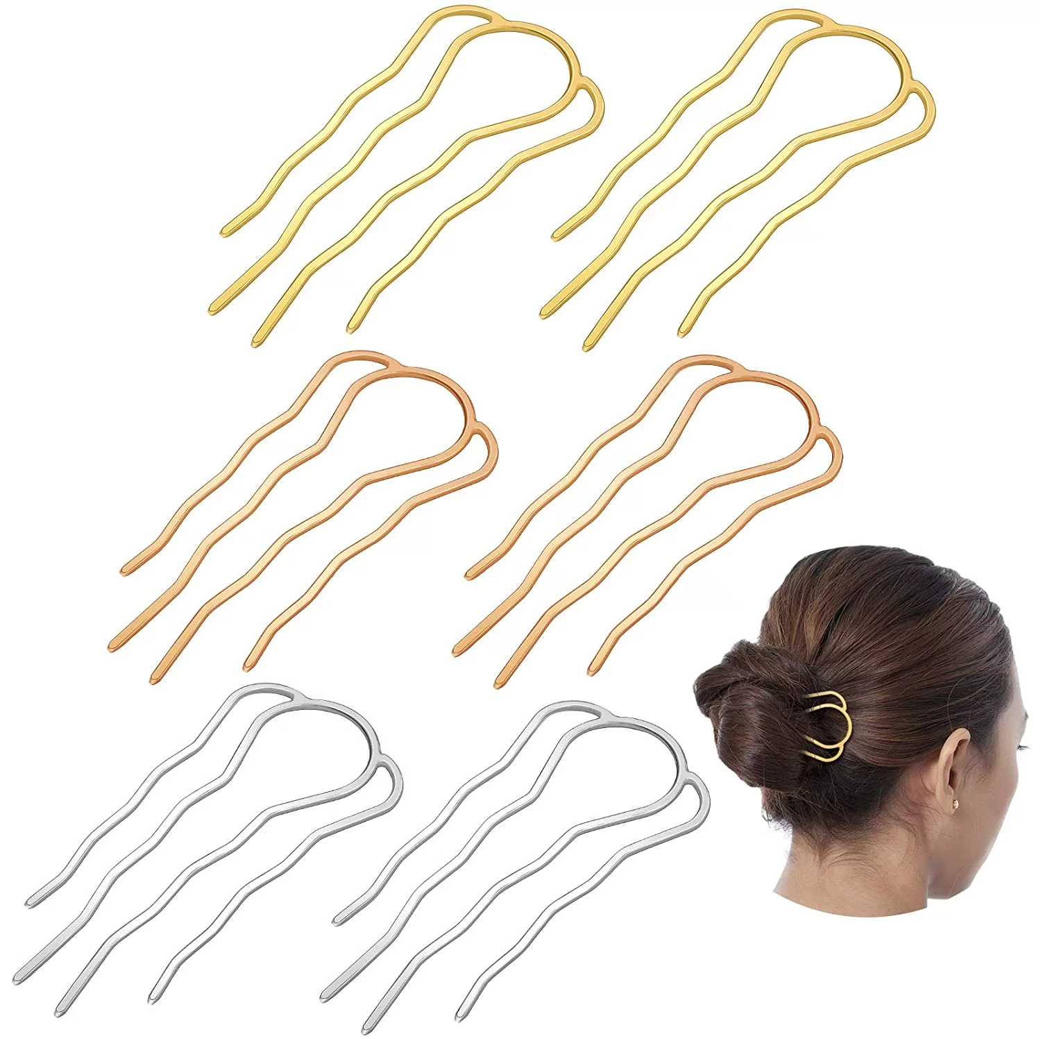6 Pieces 87 mm Hair Fork Clip Stick Hair Side Comb Hairpin Hair Bun Updo Hair Sticks Alloy 4 Prong Bun Hair Pins Clips Grips for Women Hair Styling Tool Accessories (Gold, Silver and Rose Gold)large