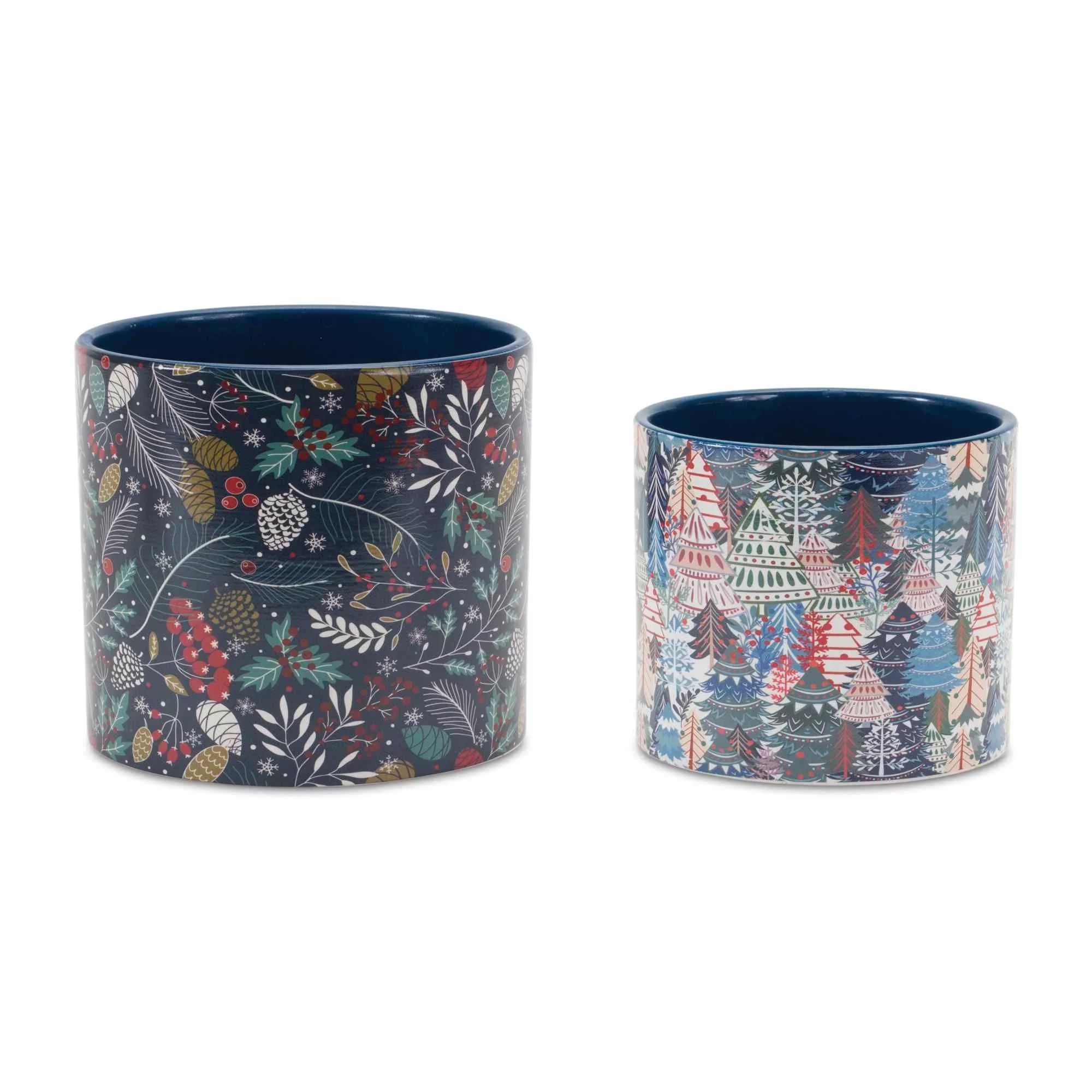 Melrose Set of 4 Blue and White Berry with Pine Tree Christmas Planters 6.25