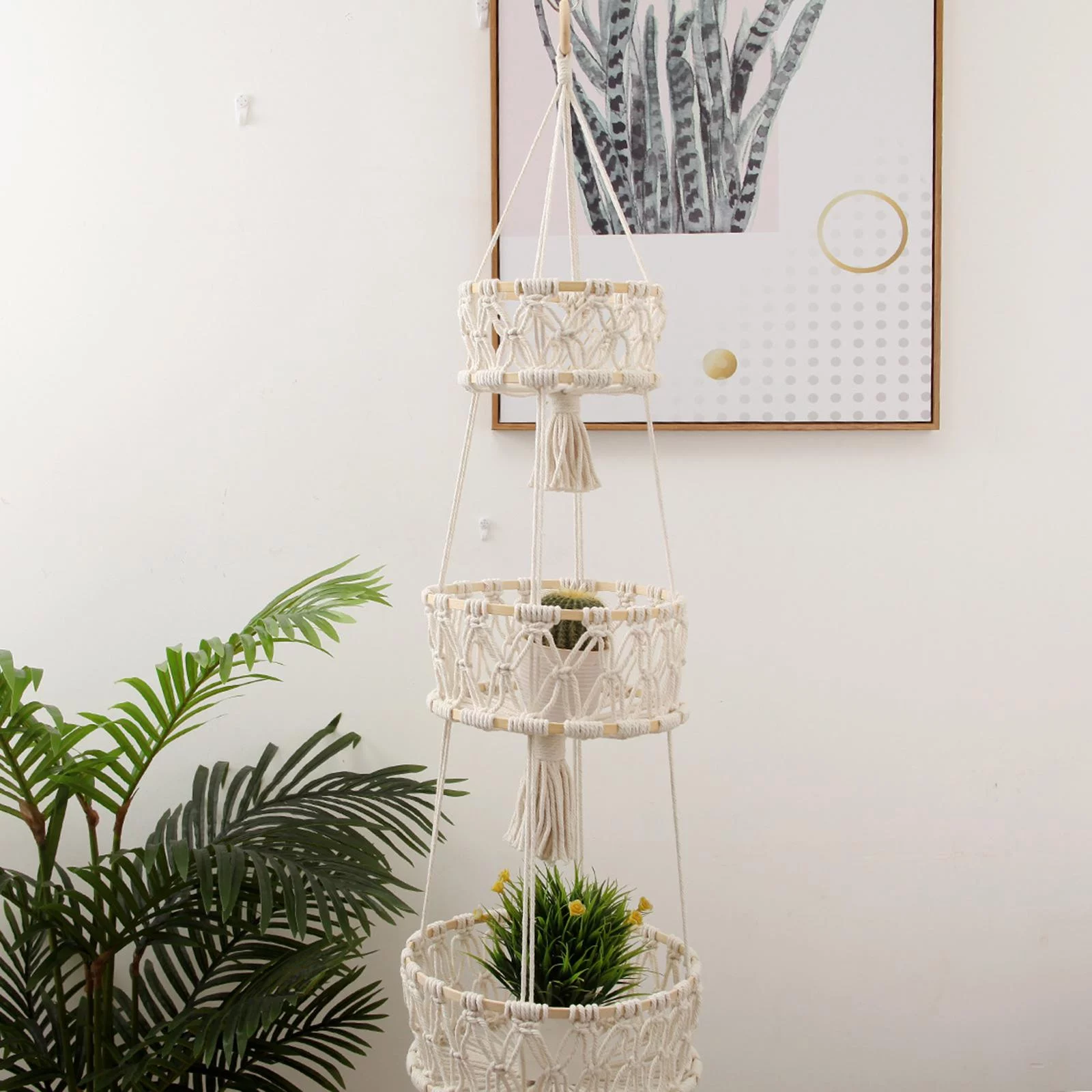 Macrame Hanging Basket, Fruit Hanger Hanger Fruit Basket Pot - Wite 3 Tiers