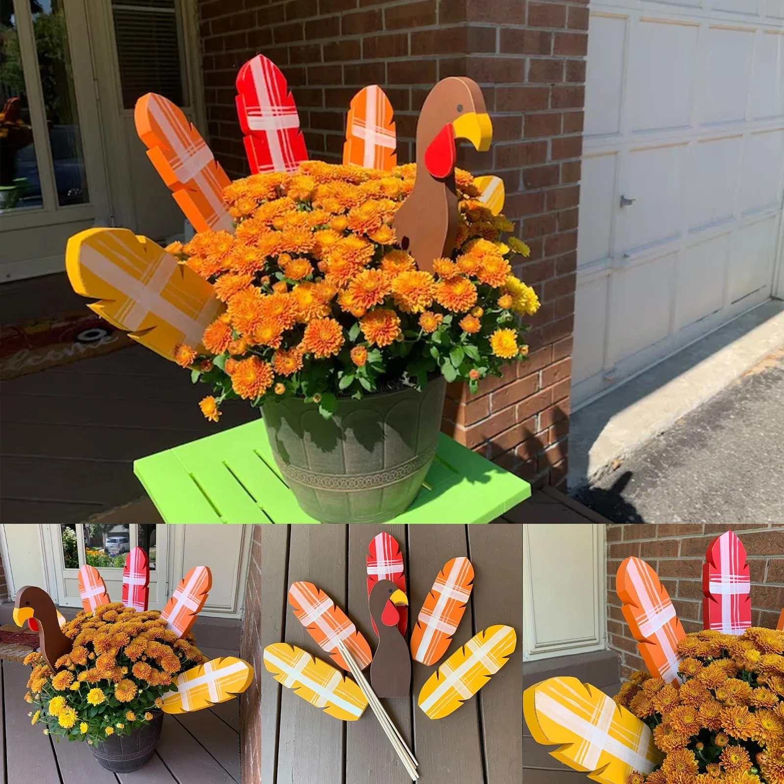 LHWEN Thanksgiving Turkey Planter Sticks Handmade Wooden Fall Decorations in Rustic Painted Designs for Planters and Gardens Housewarming Holiday and Hostess Gifts Dimensions 25x9x2cm