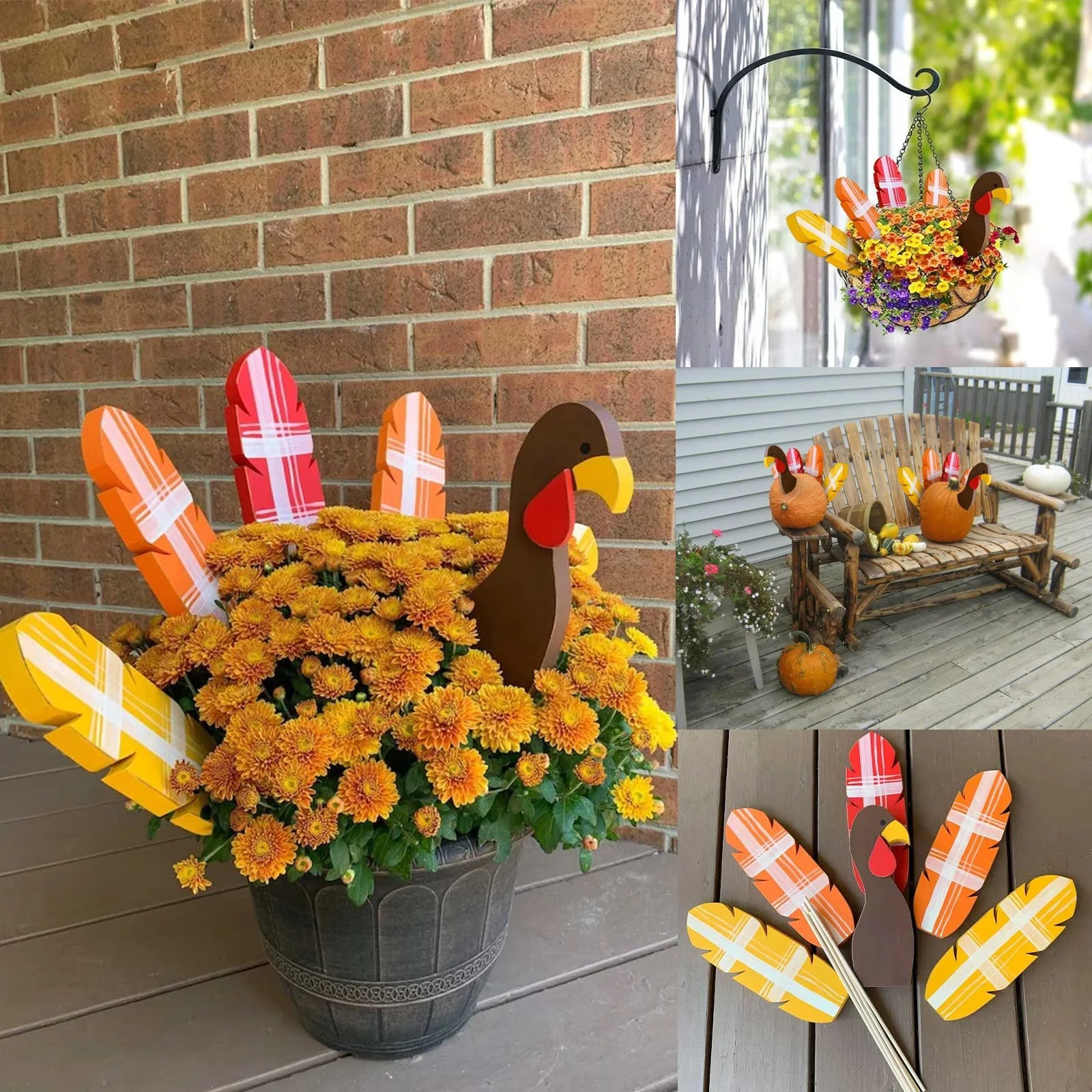 LHWEN Thanksgiving Turkey Planter Sticks Handmade Wooden Fall Decorations in Rustic Painted Designs for Planters and Gardens Housewarming Holiday and Hostess Gifts Dimensions 25x9x2cm