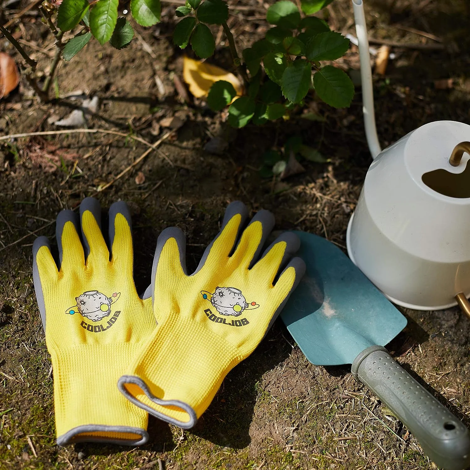 COOLJOB 3 Pairs Kids Gardening Gloves for Age 6-8, Children Grippy Rubber Coated Garden Work Gloves, Orange & Green & Yellow, Medium Size M