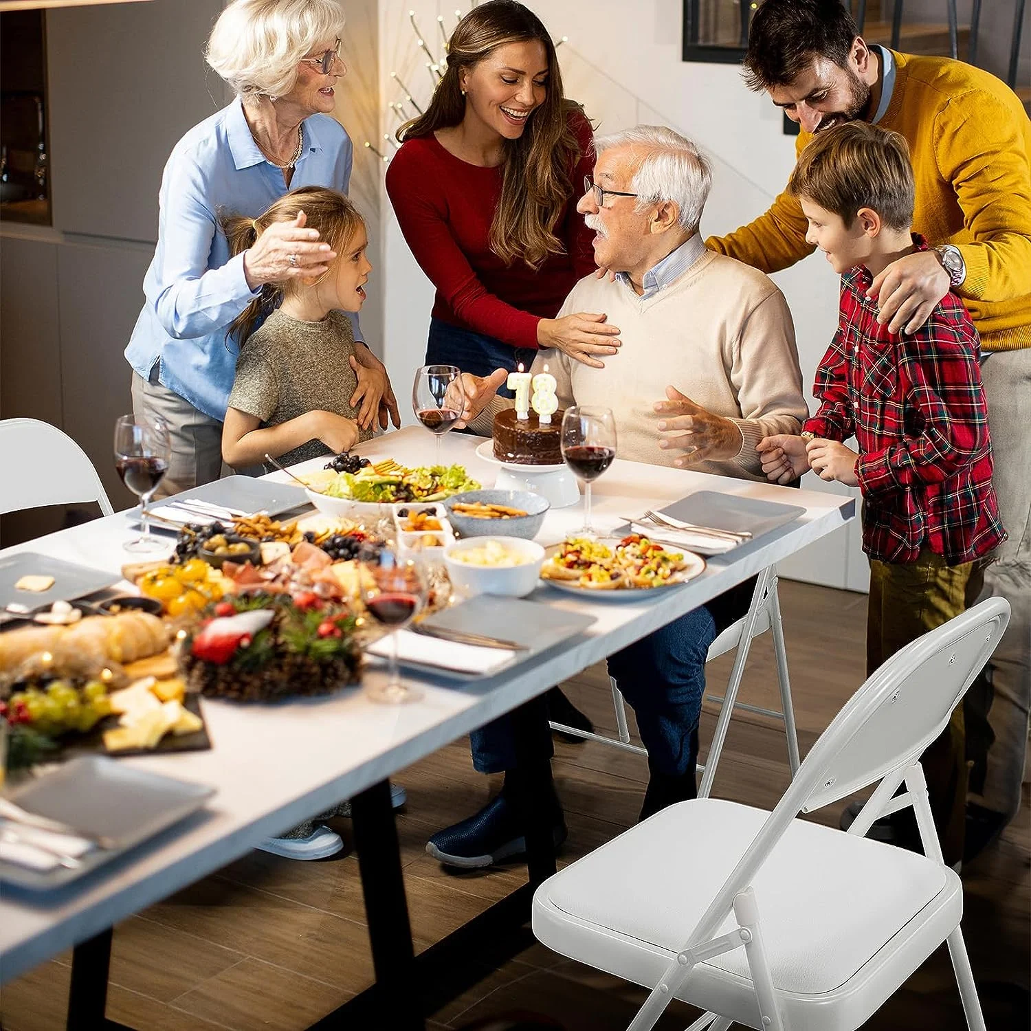 VINGLI Folding Chairs with Padded Seats, Metal Frame with Pu Leather Seat & Back, Capacity 350 lbs, White, Set of 6