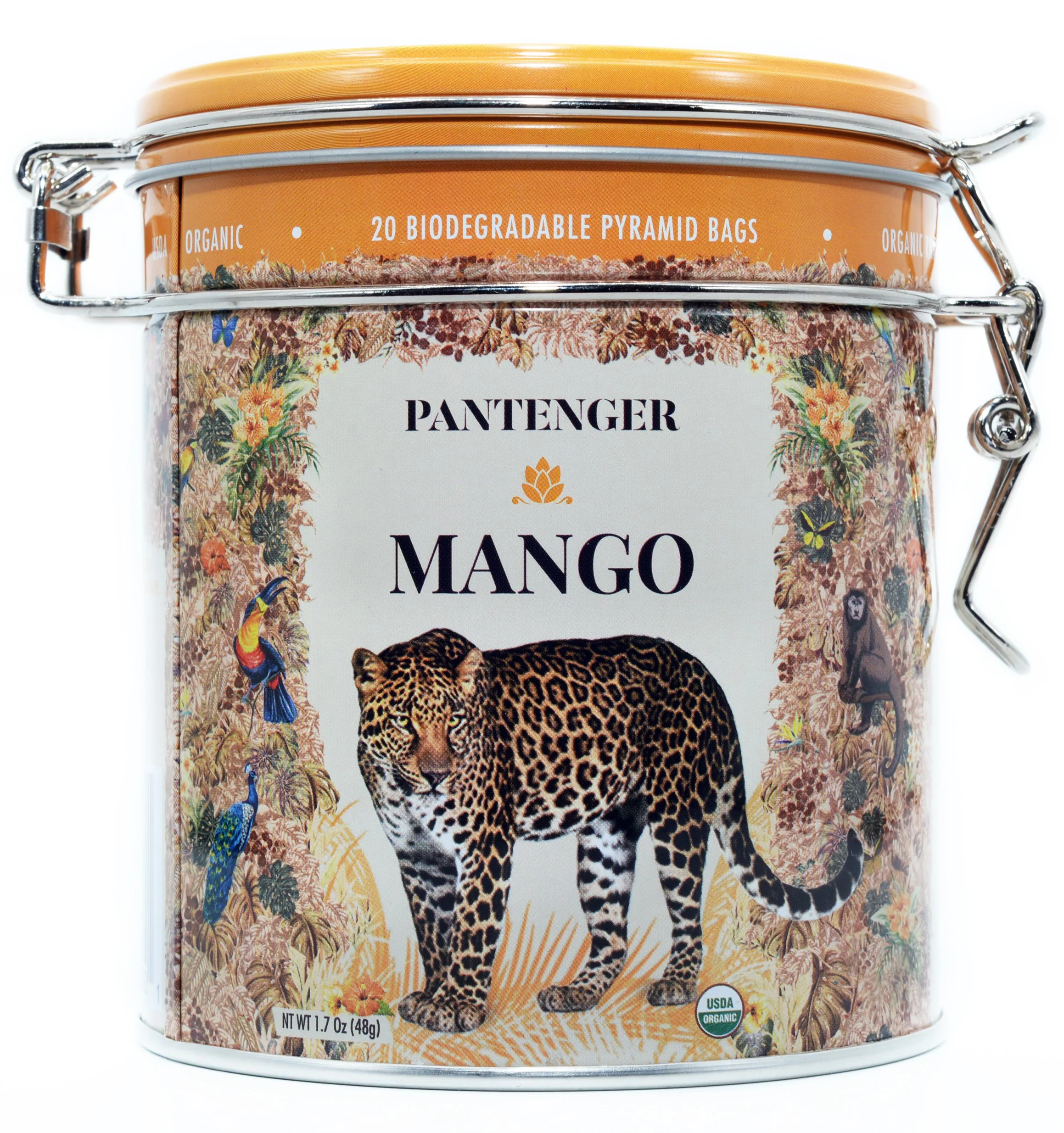 Pantenger Organic Mango Black Tea. 20 Pyramid Bags. Black Tea Leaves, Mango Pieces and Marigold Petals.