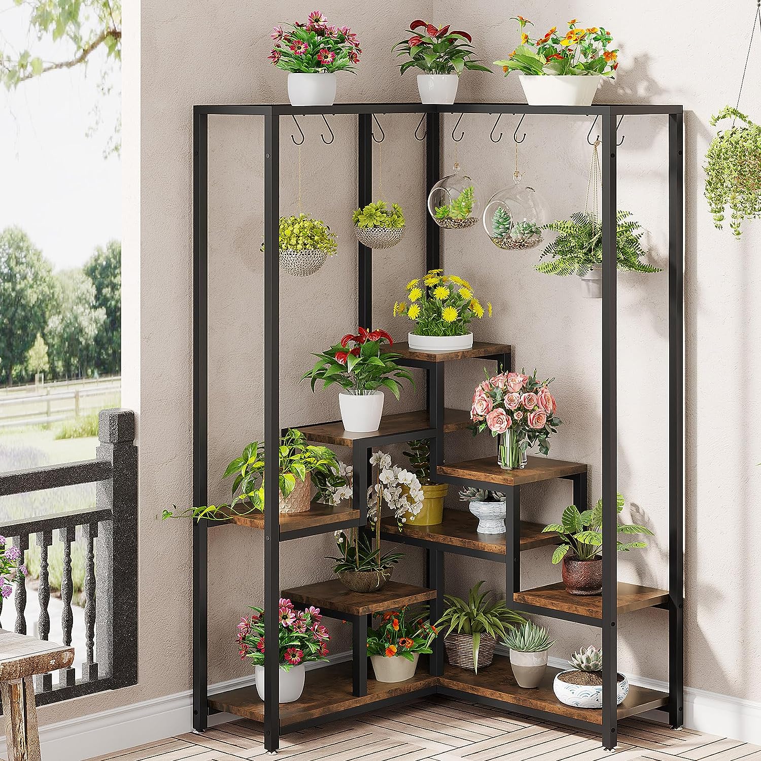 70.9 Inches Tall Corner Plant Stand, Industrial 8-Tier Indoor Corner Plant Shelf with 10 S-Hooks, Large Metal Plant Display Rack Holder, Flower Stand for Indoor, Living Room, Balcony