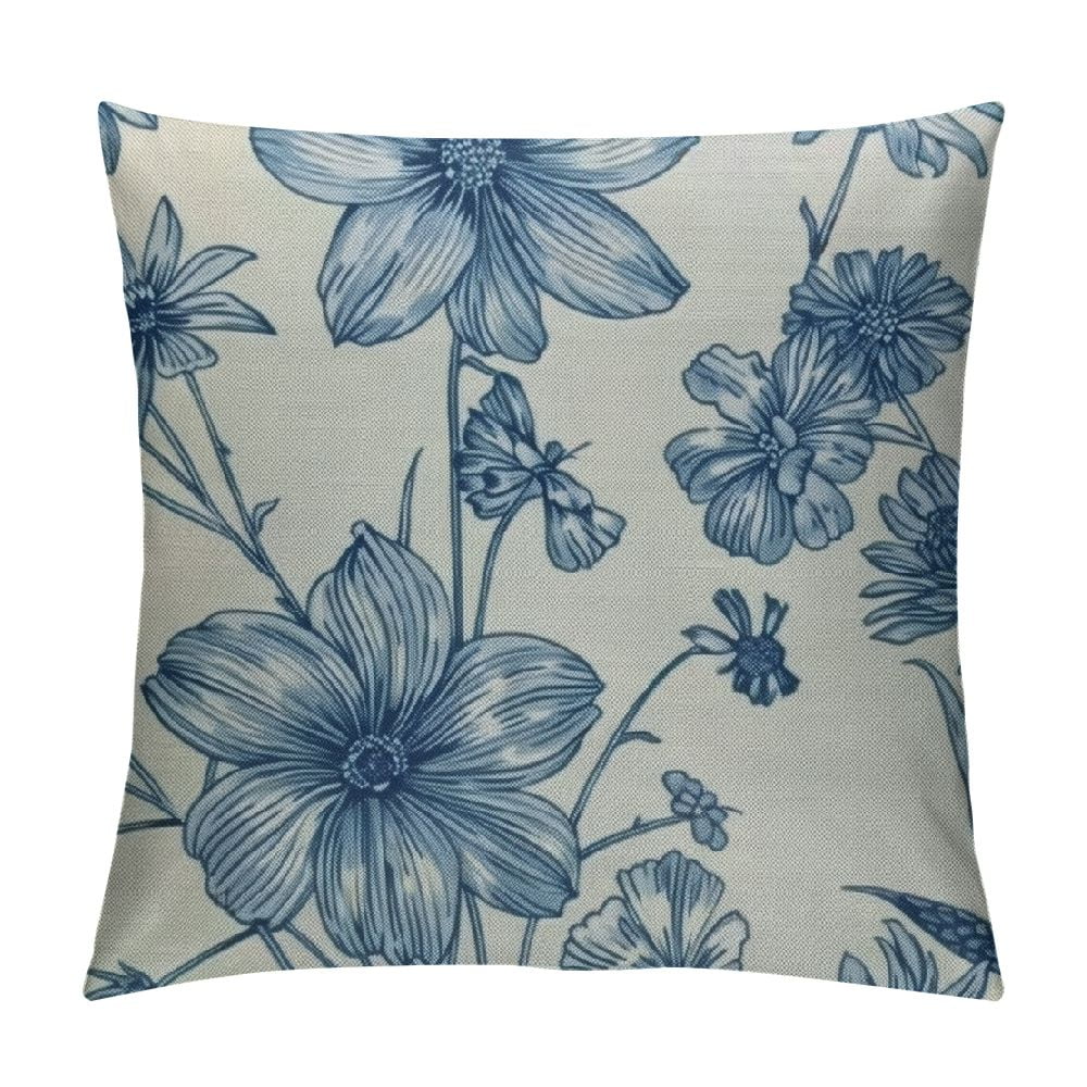 Qlo0ole Decorative Square Throw Pillow Cover Cute Line Insects Vintage Color Blossom Pattern Aster Blue Butterfly Nature Flowers Hand Colorful Modern Design Cushion Case for Car Bed  Inch White
