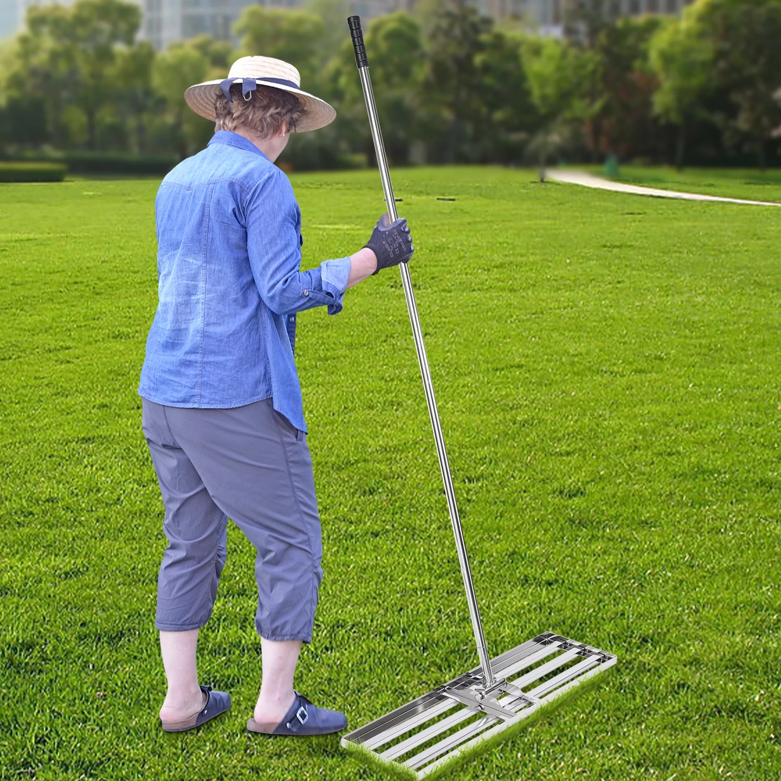 Aiqidi 36x10 Inch Leveling Lawn Rake Stainless Steel Soil Lawn Leveler Tool with 5.9Ft Adjustable Handle for Garden Yard Farm Golf Course