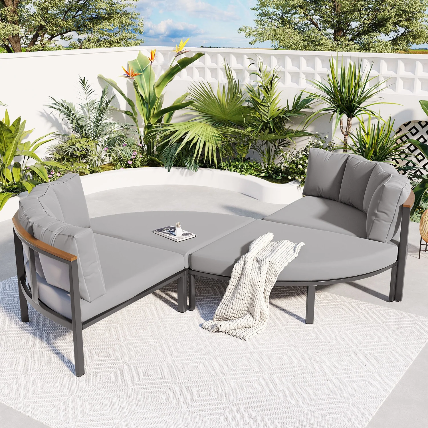 High-Quality  Stylish  and Durable Round Outdoor Metal Sectional Sofa Set With Cushions - Comfortable and Ideal for Patio Conversation - U-Style Configuration - All-Weather Outdoor Furnit