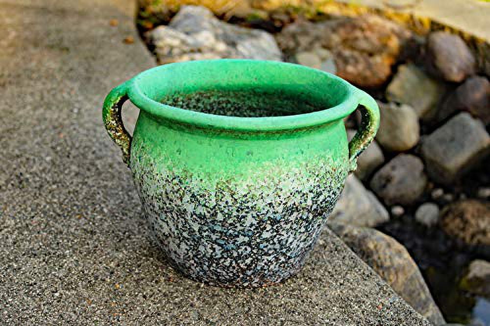 Egyptian  Designed Earthen Ware Terra-Cotta Vessel/Planter With Looped Handles (Taller Distressed Teal Green)