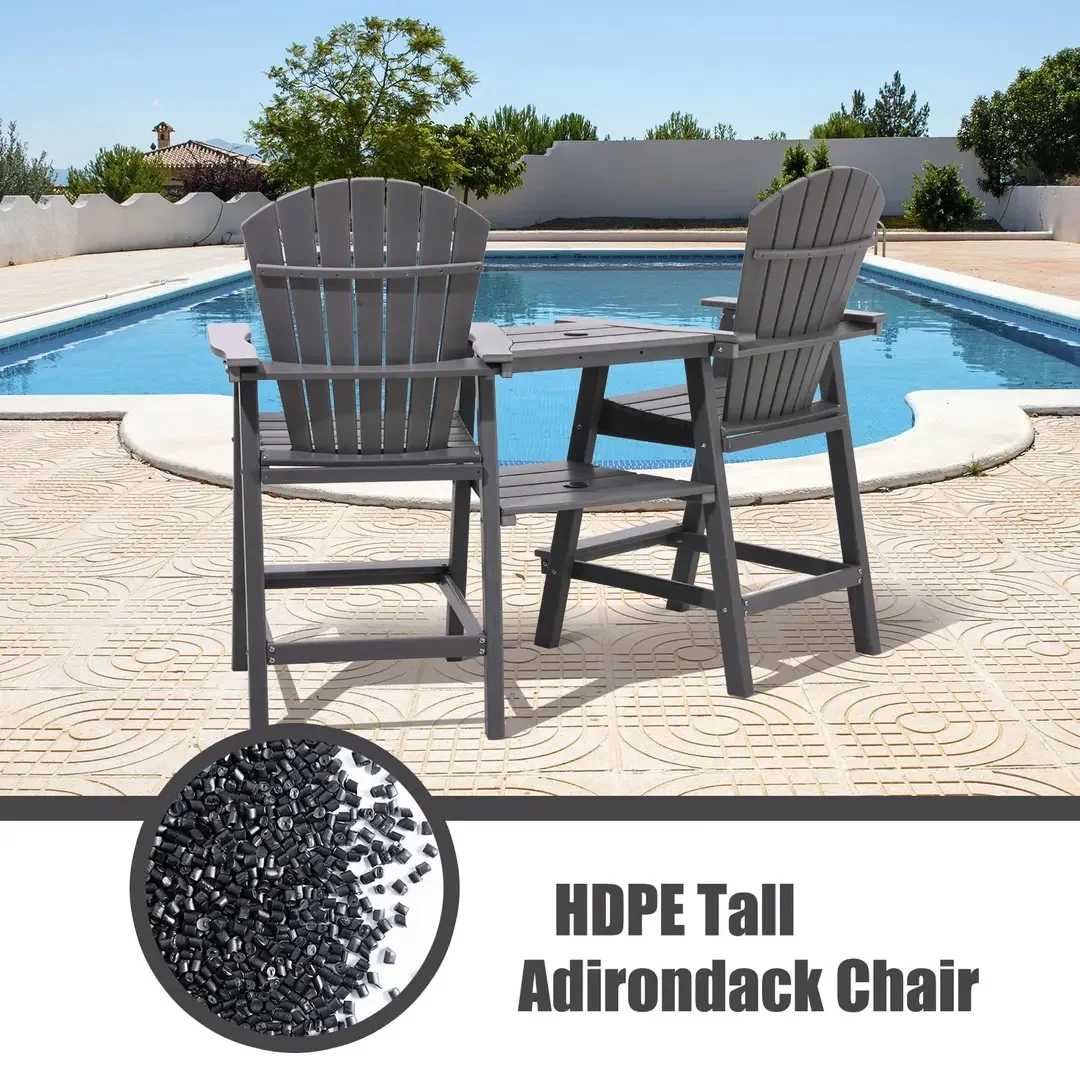 Set of 2 Tall Adirondack Chairs with Connecting Double Tables, Umbrella capable, Blue