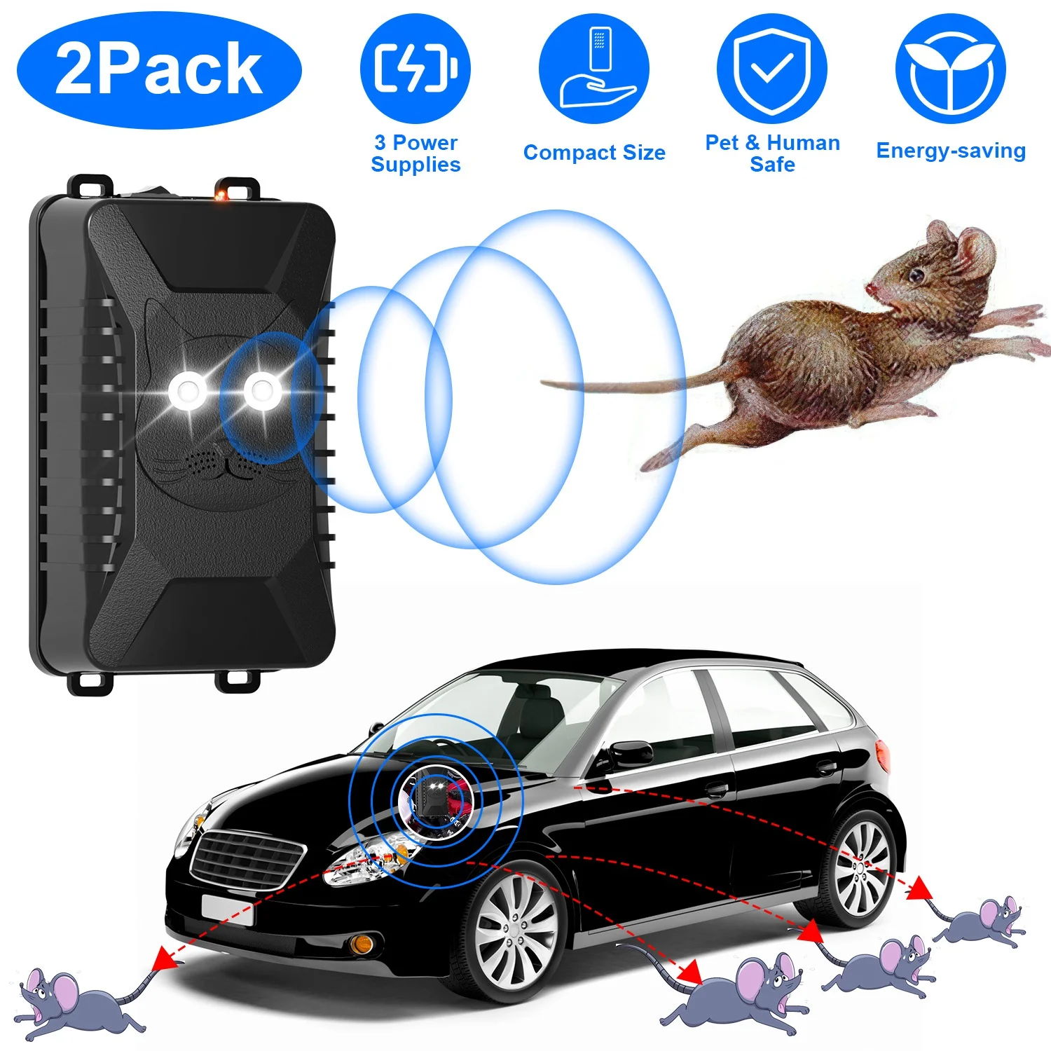 Ultrasonic Mice Repeller, iMounTEK 2 Packs Under Hood Animal Repeller, DC5-12V Car Pest Repeller, Mice Deterrent Defense for Car Home Garage