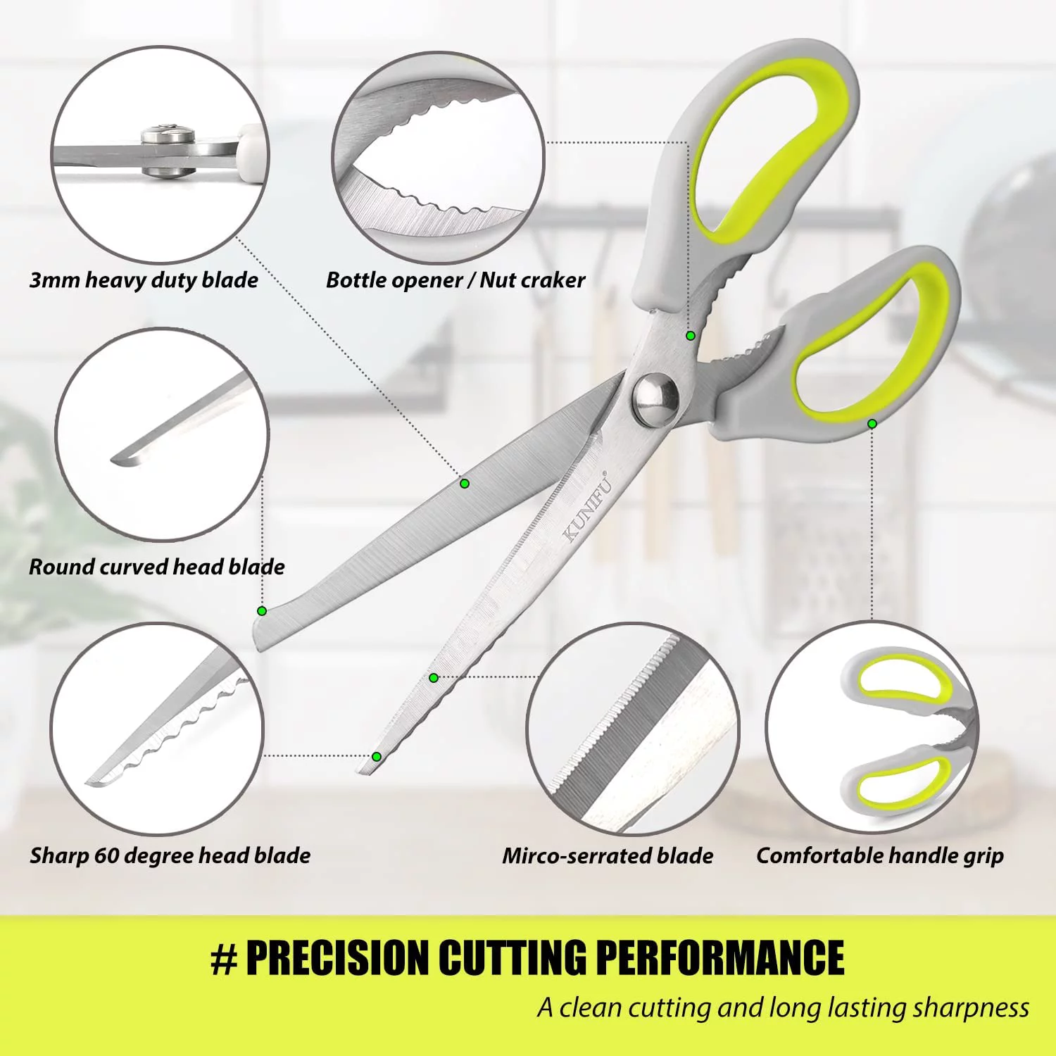 KUNIFU 9.65 Inch All Purpose Scissors, Heavy Duty  Kitchen Gadgets, Cooking Cutter For Chicken, Meat, Poultry, Fish, Barbecue, Vegetables, Seafood, Dishwasher Safe