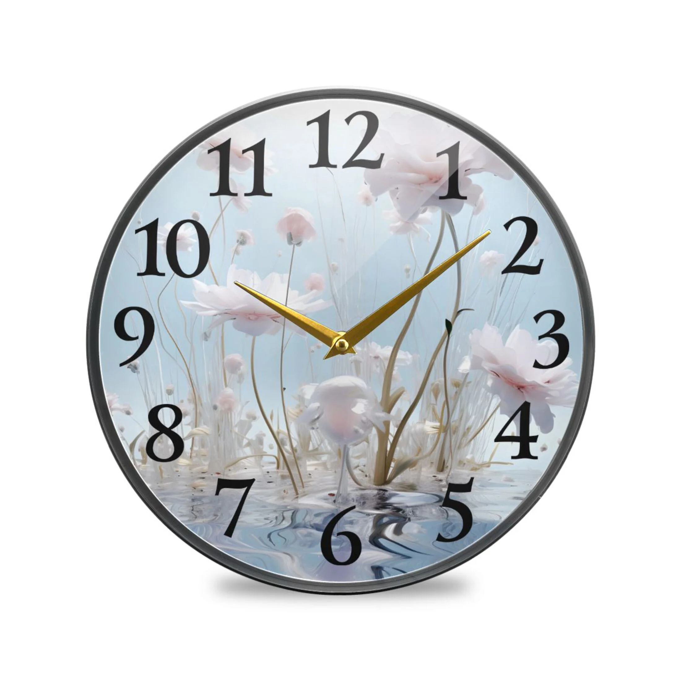 Flowers on Water Wall Clocks Battery Operated 9.5 Inch Round Clock Acrylic Silent Non-Ticking Bedroom Living Room Decorative Clocks