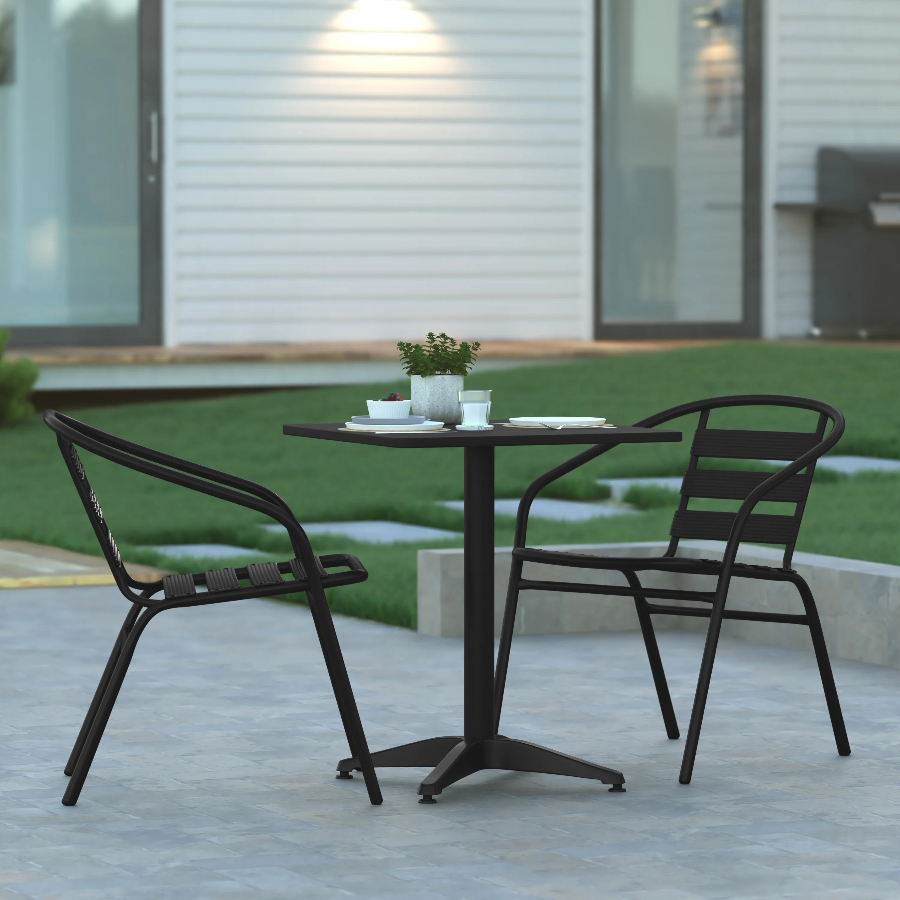 Emma + Oliver 27.5'' Black Square Aluminum Indoor-Outdoor Table Set with 2 Black Slat Back Chairs