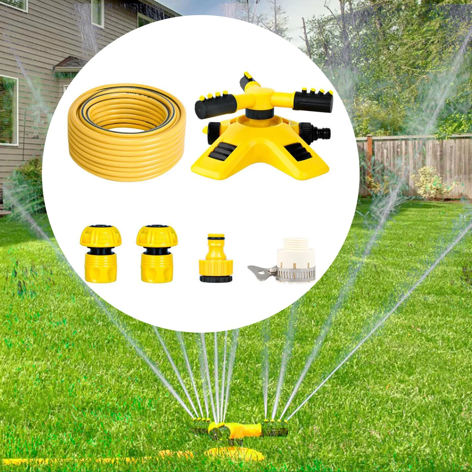 koolsoo Automatic Garden Sprinkler with 10M Hose for Field, Lawn, Flower Bed, Greenhouse 3 Arms Large Area Coverage Irrigation System DN20 Quick Connect