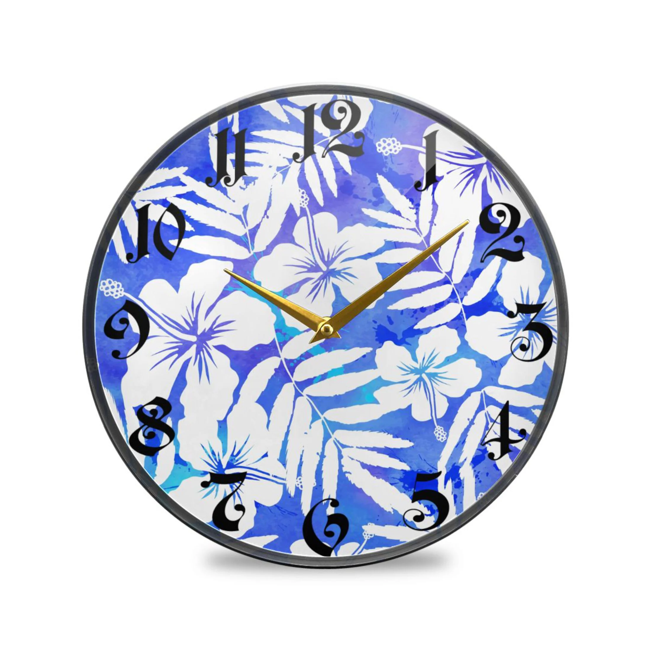 Blue Watercolor Hibiscus Acrylic Wall Clocks Quiet Round Clock Battery Operated Non-Ticking Clock for Bedroom Kitchen Office Decorative 11.9 Inch