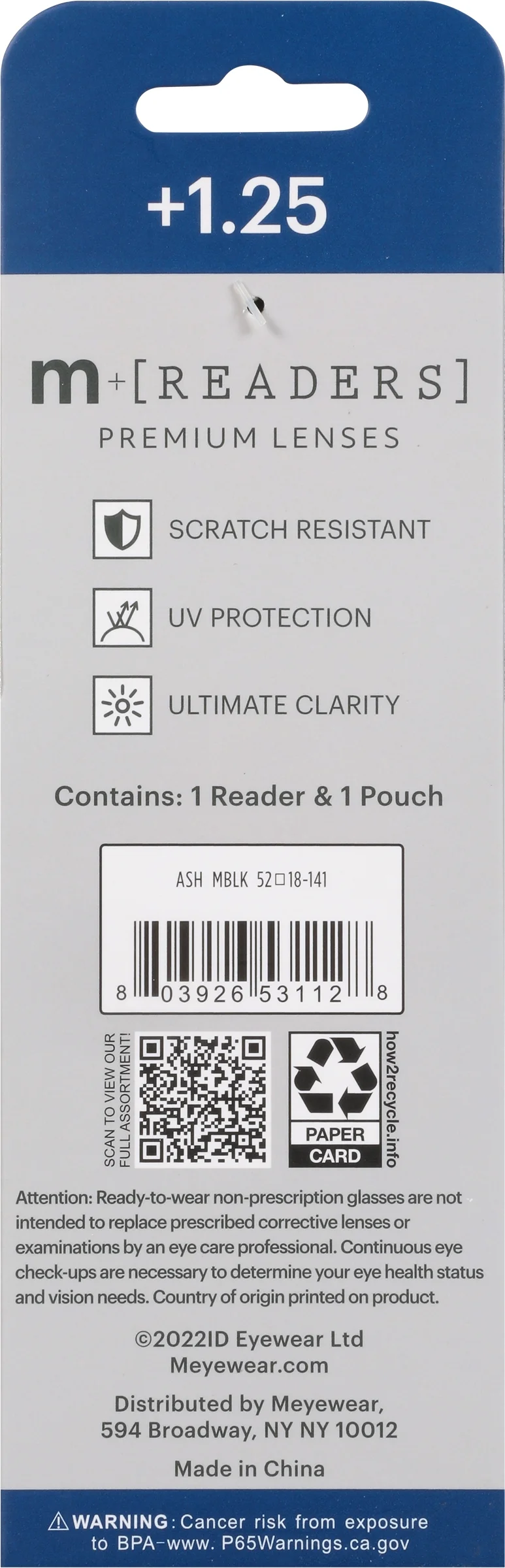 M+ Readers Mens Spring Hinge Flat Metal Reading Glasses Mblk 1.25 Ash in Classic Matte Black