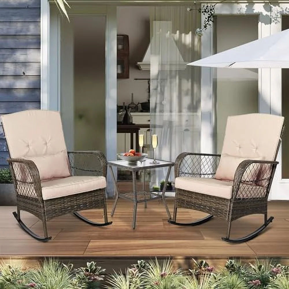 HYHBIBOOM 3 Pieces Patio Conversation Set w/ 2 Rattan Wicker Rocking Chairs and Glass Table for Garden Backyard Lown Porch (Beige)