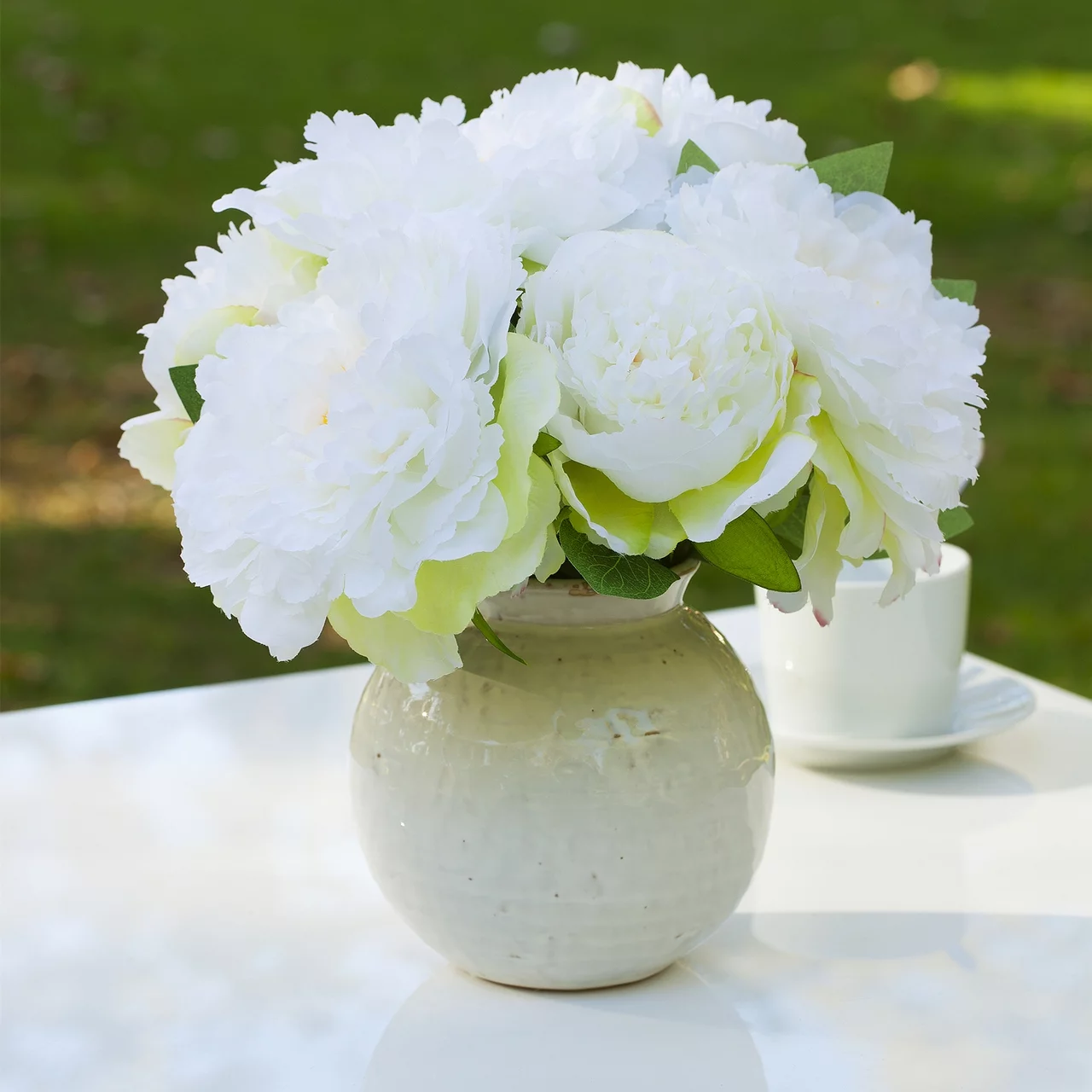 Enova Home Artificial Silk Peony Faux Flowers Arrangement in Round Ceramic Pot for Home Office Wedding Decoration (Cream)