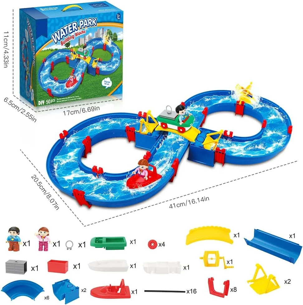 YTIANMI Outdoor Water Table Toys, Water Park Playset 50PCS DIY Table Beach Toy on Backyard, Lawn, Pool Waterway Toy with 2 Boats