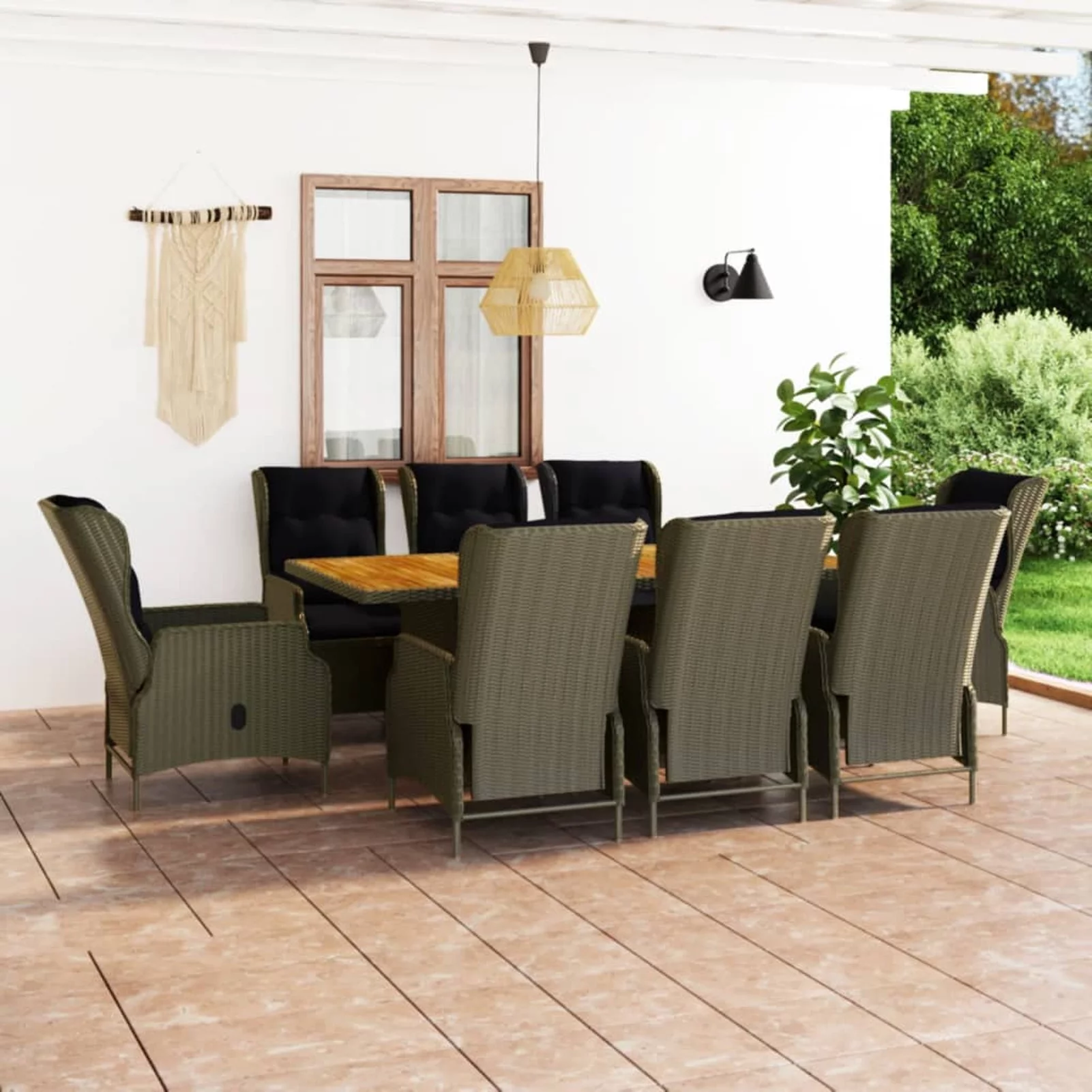 Anself 9 Piece Patio Dining Set Poly Rattan Brown Acacia Wood Tabletop Table and 8 Chairs with Cushions for Garden, Terrace,  Furniture