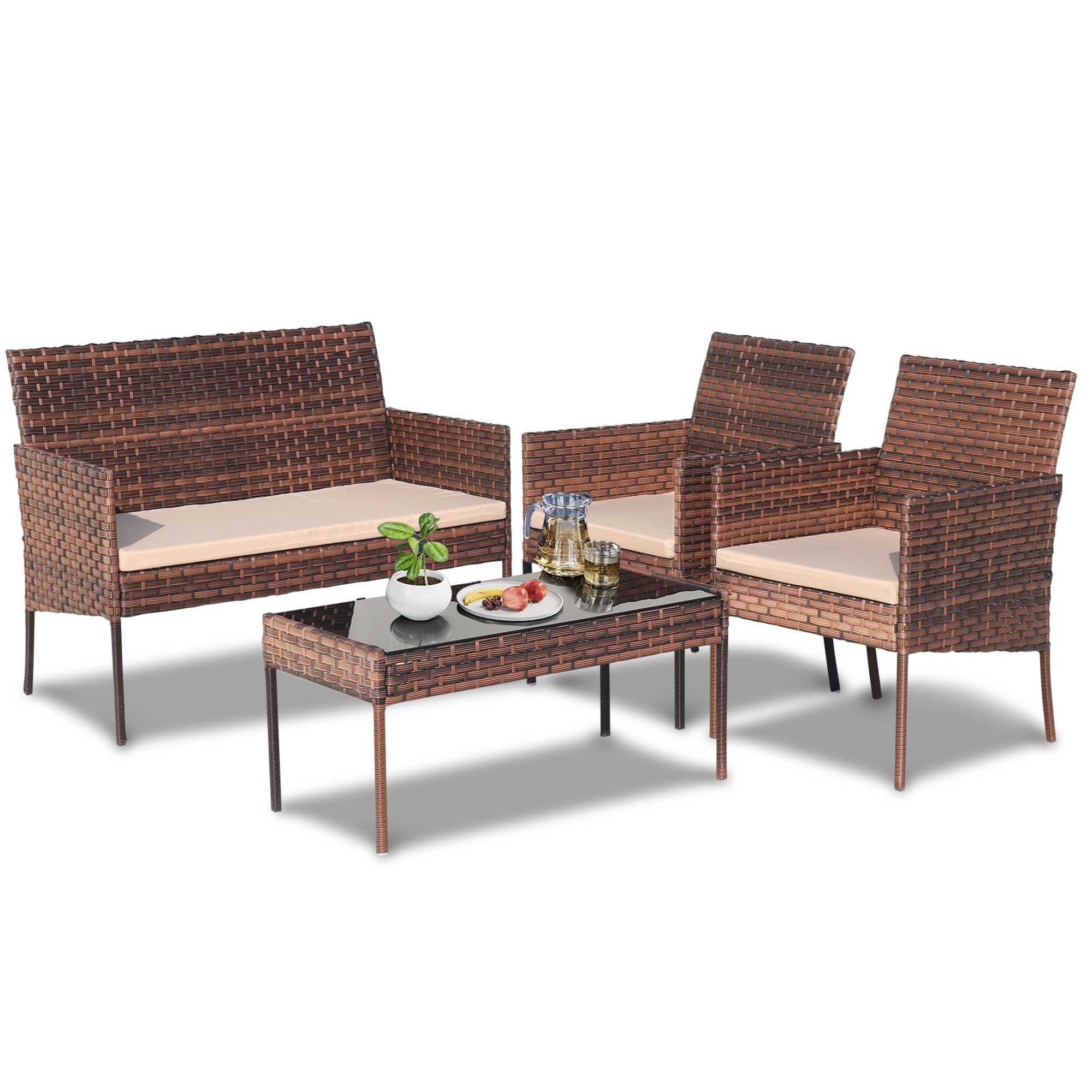 Segmart Rattan Patio Conversation Set, 4 Pieces Outdoor Sectional Sofa Set with Table, Brown Thick Cushioned Patio Furniture Set Loveseat Armchairs, Per Seat Max Weight 300LBS