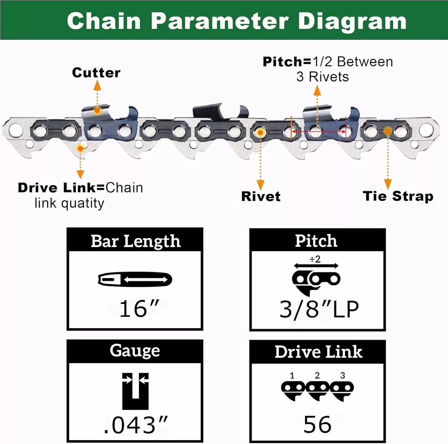 16 Inch Chainsaw Chain 3-Pack R56, 3/8