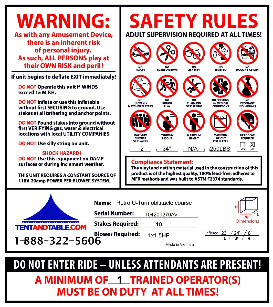 TentandTable 30' Commercial Inflatable Obstacle Course, Retro U-turn