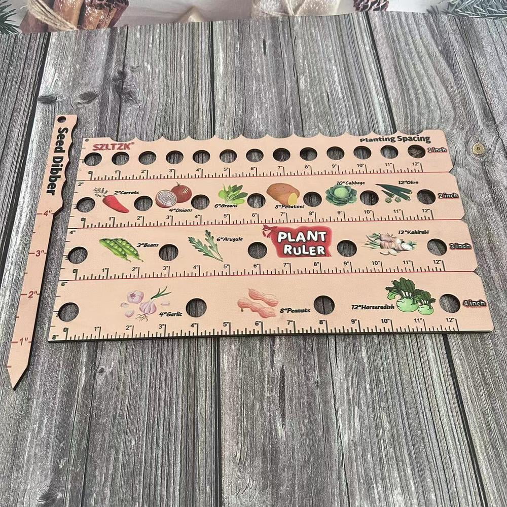Wooden Plant Ruler with Seed Dibber. Multifunction Seed Spacing Ruler with Plant