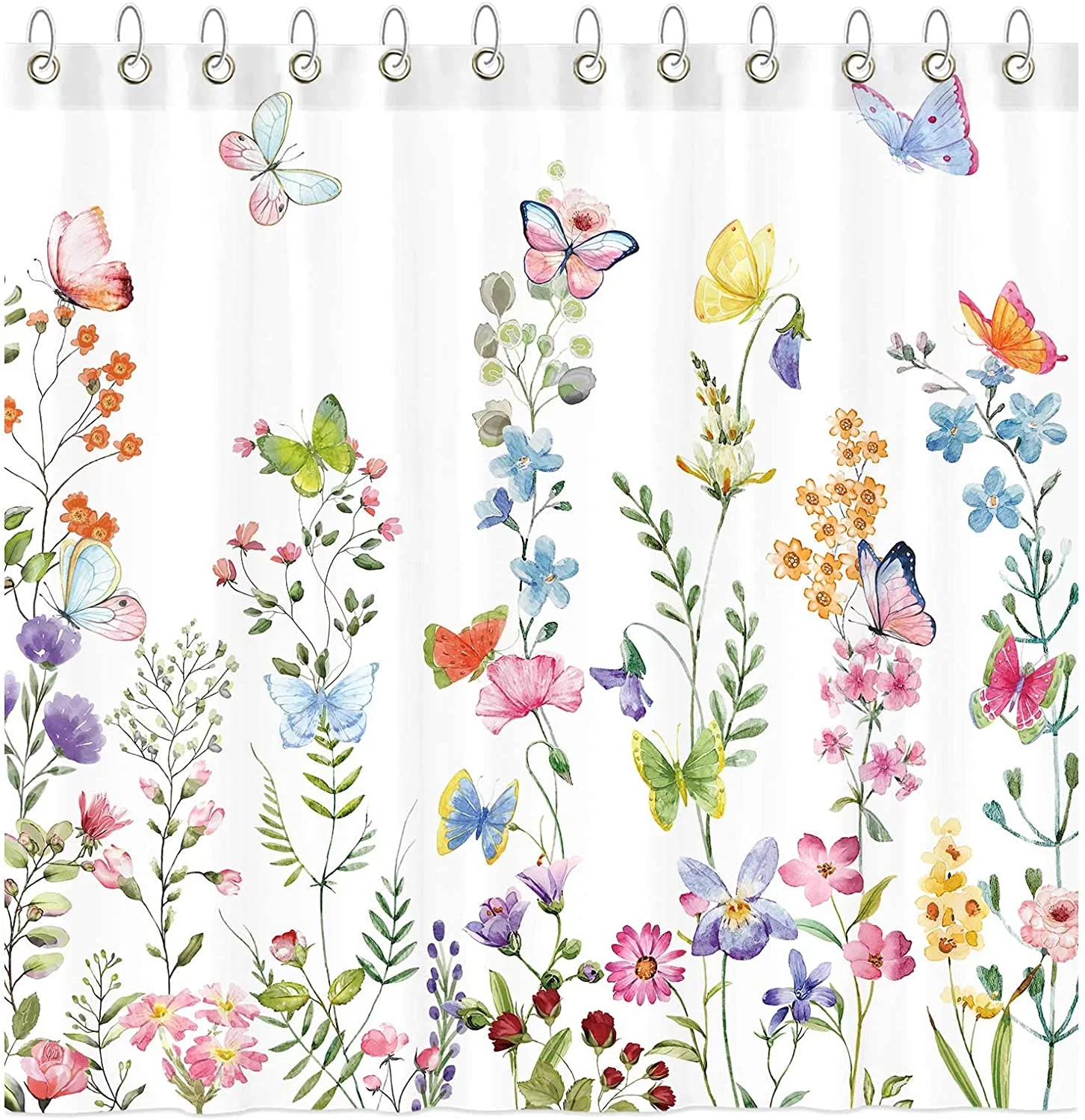 SPXUBZ Floral Plant Watercolor Flower Butterfly Shower Curtain Set with Hooks Polyester 72