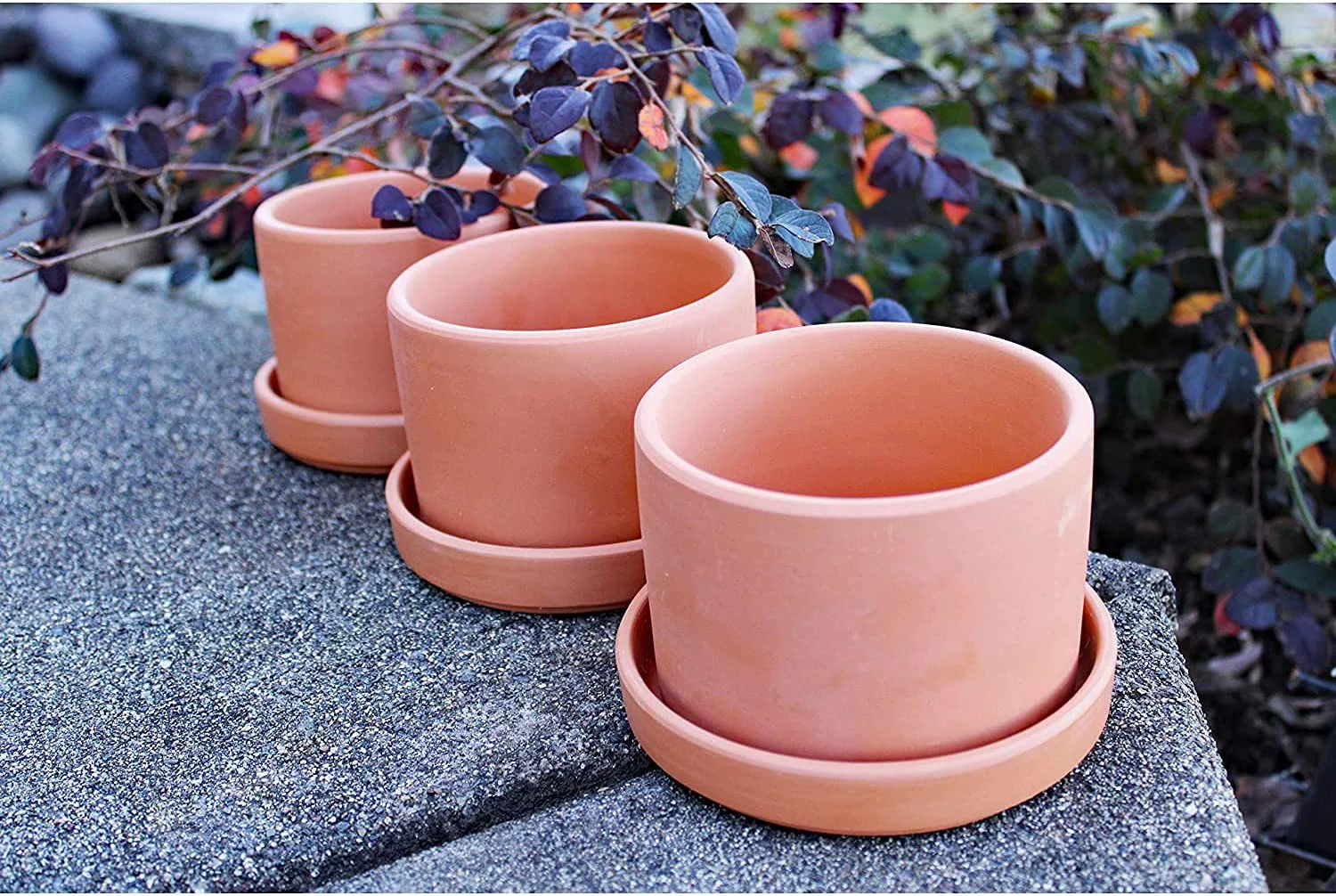 Walled Terracotta Planter with Drainage Hole and Saucer Cylindrical Plants Flower Containers Unglazed Clay Pots - Set of 3