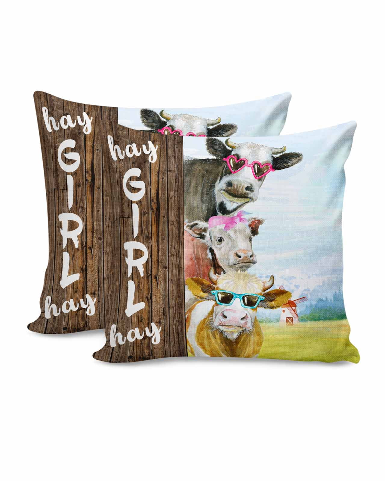Funny Cow Farmhouse 16x16 Pillow Covers Set of 2, Hay Girl Hay Cattle Decorations Outdoor Throw Pillow Covers, Cotton Linen Square Pillowcases for Patio Sofa Couch Bedroom Decorative