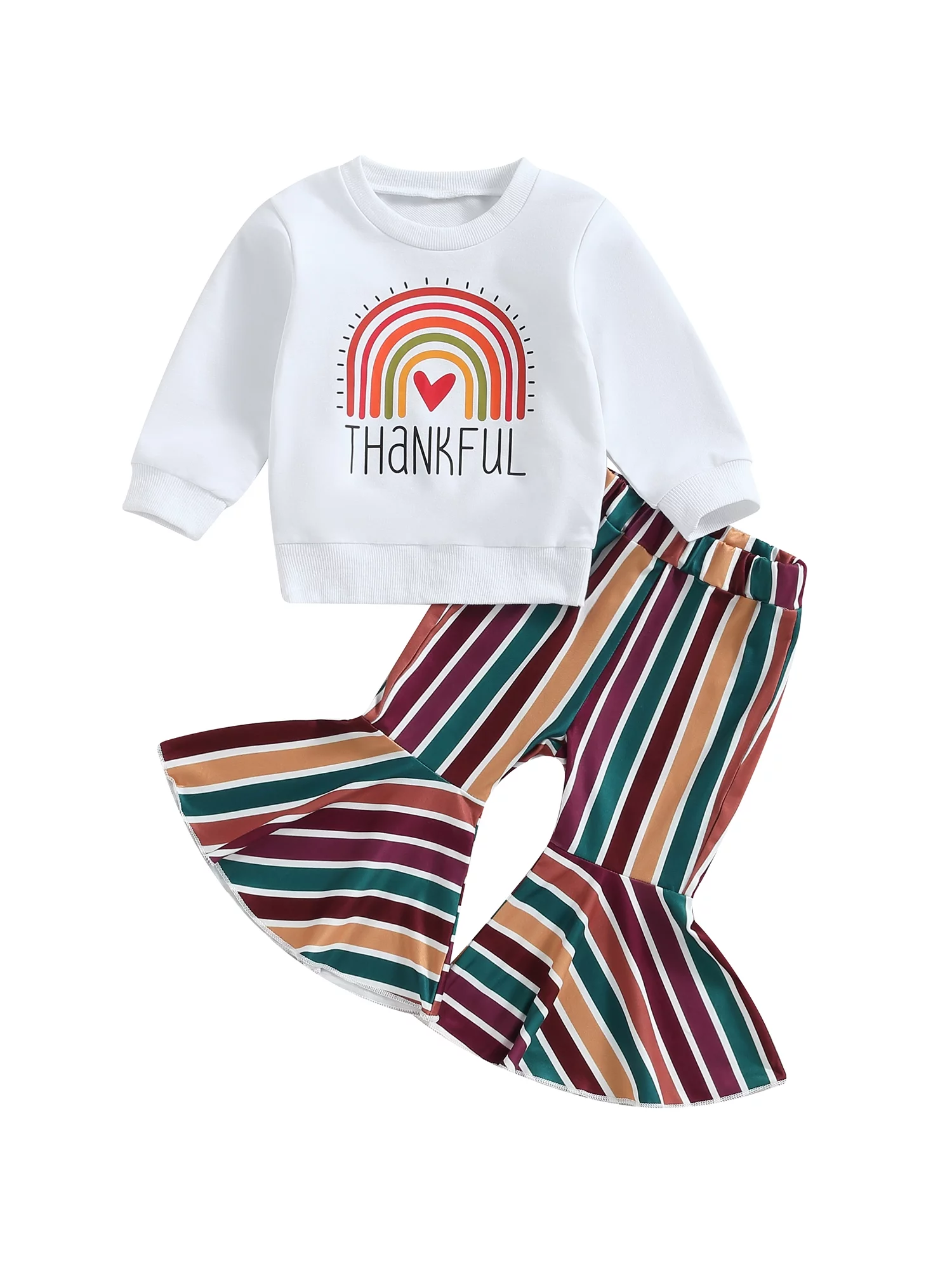 Baby Girl 2Pcs Thanksgiving Outfit Long Sleeve Rainbow Sweatshirt Tops Flared Pants Clothes Set