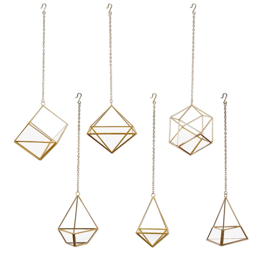 Koyal Wholesale Geometric Metal Hanging Air Planters Set of 6 Assorted Geometric Modern Shapes, 12-Inch Chains Included