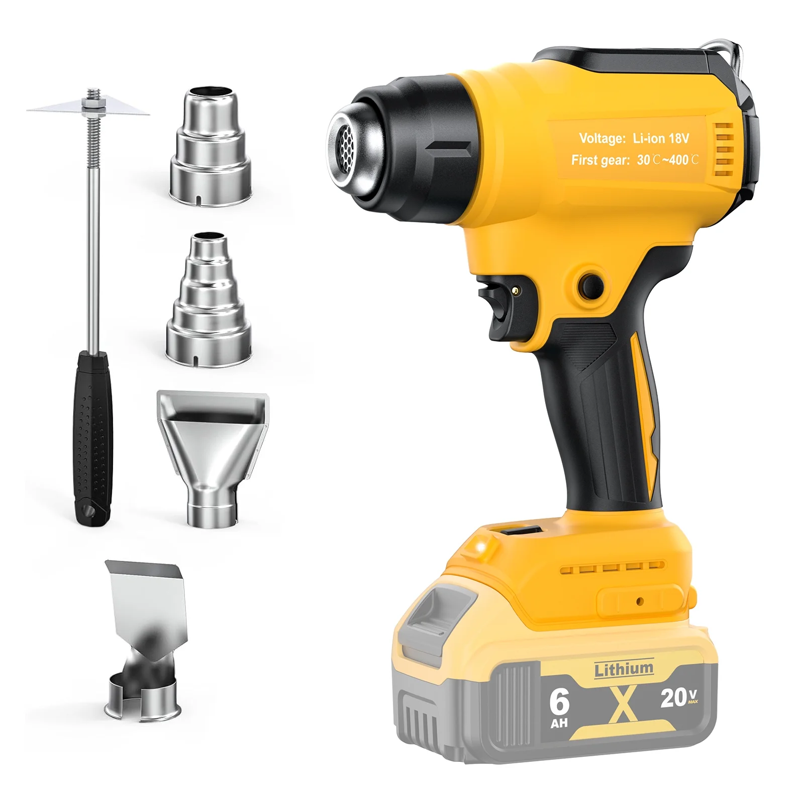Turpow Cordless Heat Gun for DeWALT 20v Battery, Lithium Hot Air Gun, 4 Nozzle Attachments, 2-Temp Setting Max 752°F(400°C), Heat Gun for Shrink Wrapping, Tube Bending (Tool Only, NO Battery)