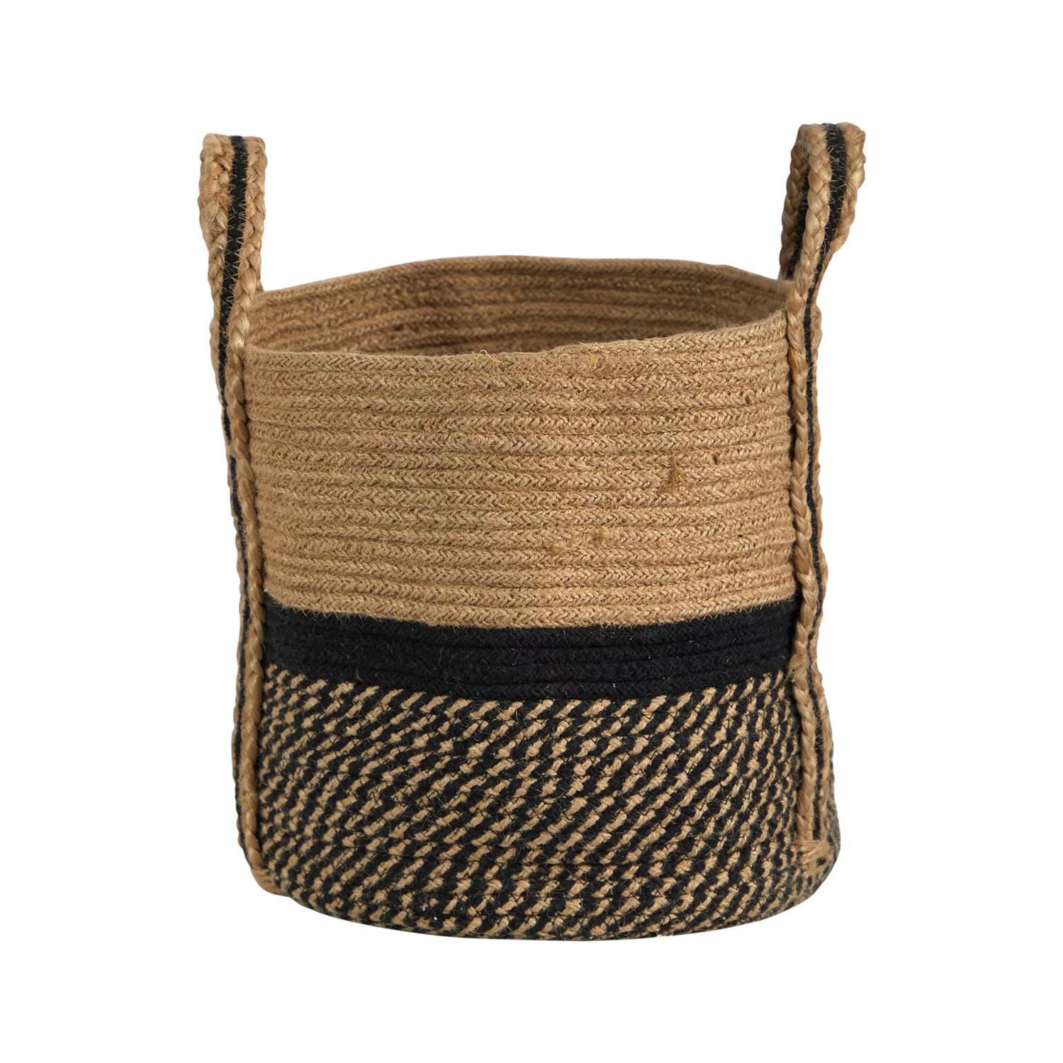 Nearly Natural 13in. Boho Chic Basket  Jute Basket Planter, Black Bottom  Top with Handles