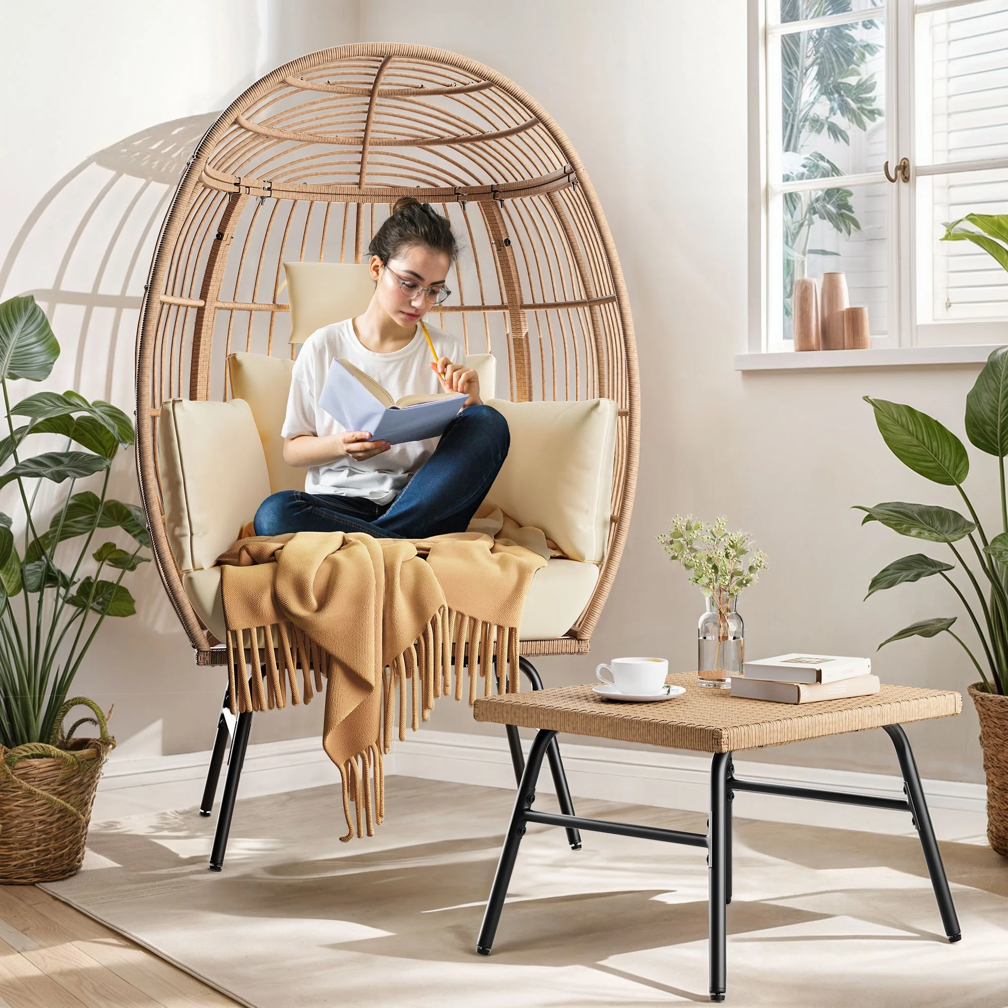 Dextrus Outdoor Egg Chair with Ottoman,Patio Wicker Basket Chair with Stand and Beige Cushion Cocoon Chair