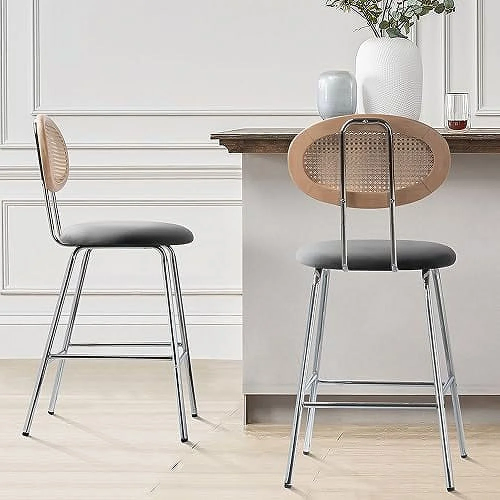 HYHBIBOOM Mid Century Modern Rattan Backrest Dining Chair ， Green Velvet Upholstered Kitchen Side Chairs with Chromed Legs for Dining Living Room