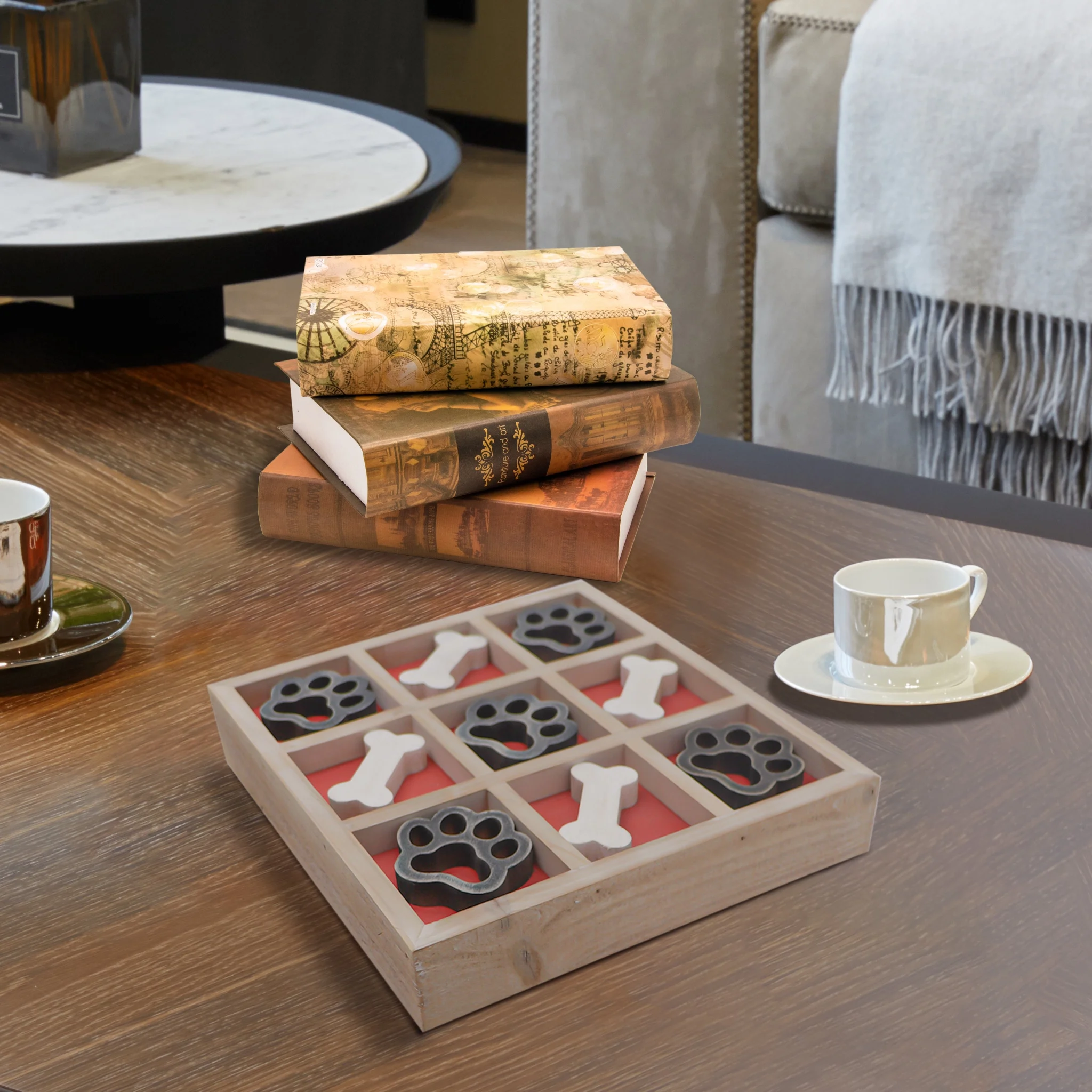 Parisloft Dog Themed Wood Tic Tac Toe Board Game Wood Tabletop Decor,  Decorative Cofee Tabletop Game - 11.75 x 11.75 Inch