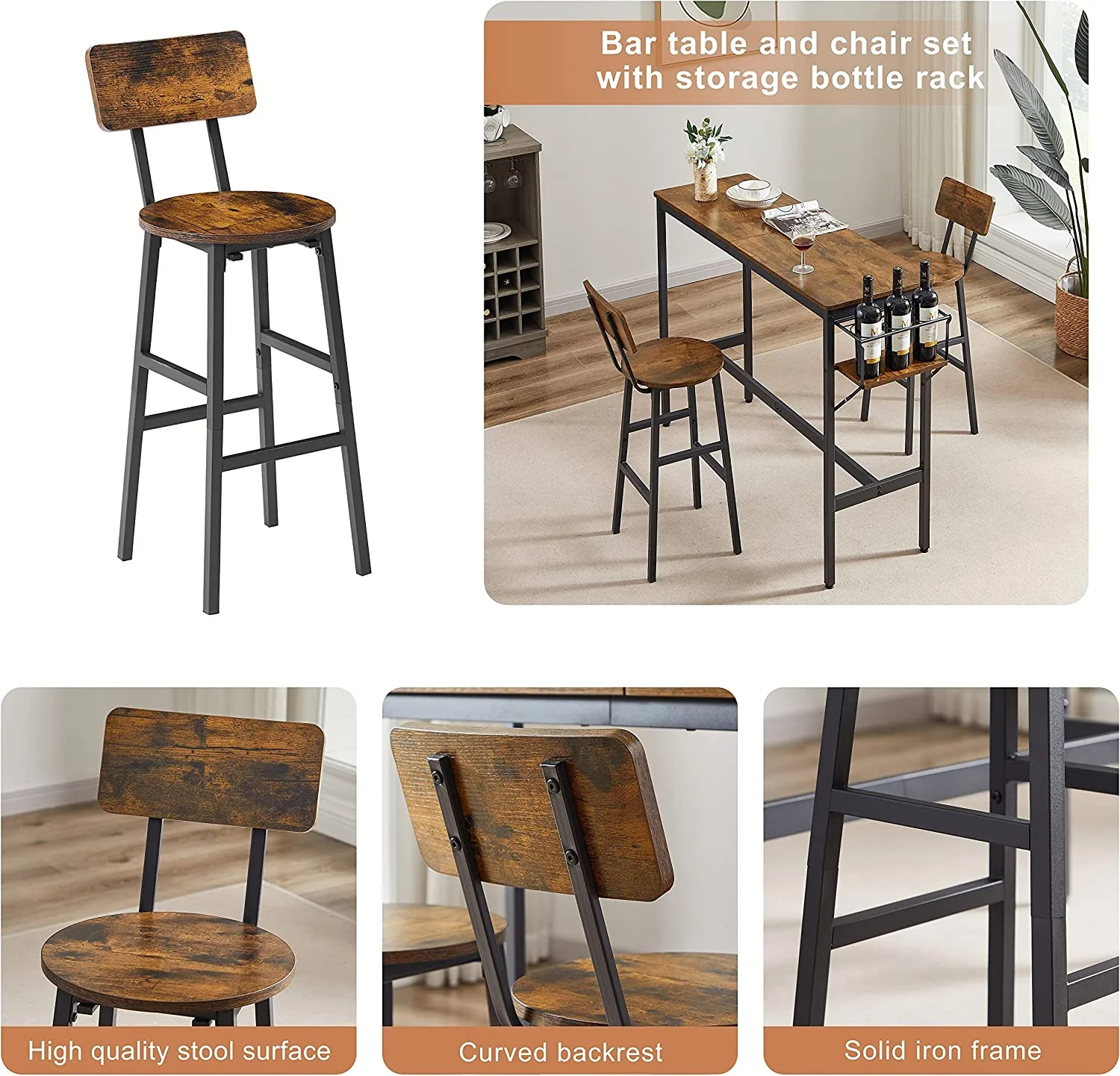 SQWERD Dining   and Chair Set for 2 Kitchen  Set Pub Bistro Dinning  with Folding Wine Holder and Stools Counter Height Dining  Set for Kitchen  Small Space