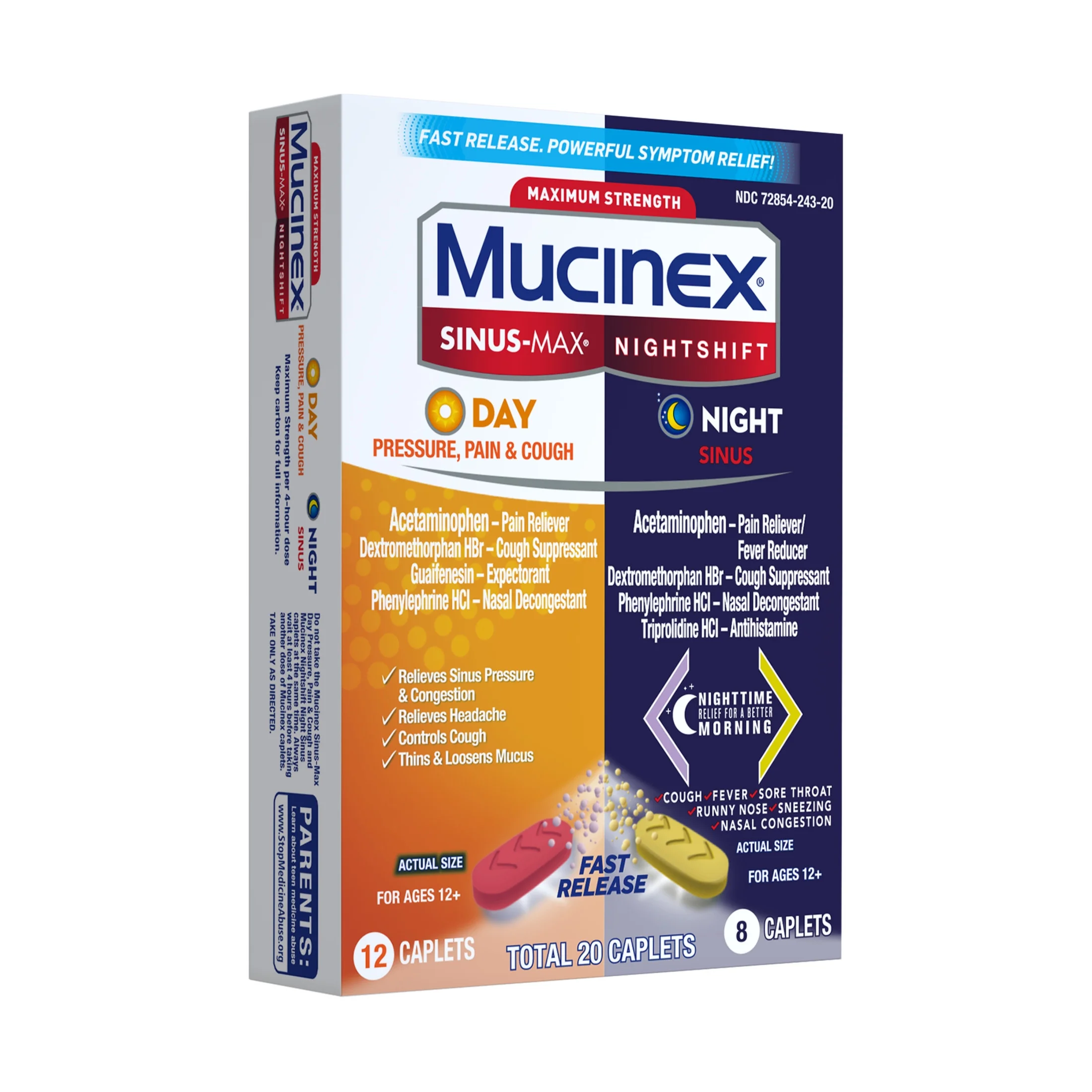 Mucinex Sinus-Max Day Pressure, Pain & Cough & Nightshift Sinus Medicine, OTC Symptom Relief, 20 Caplets