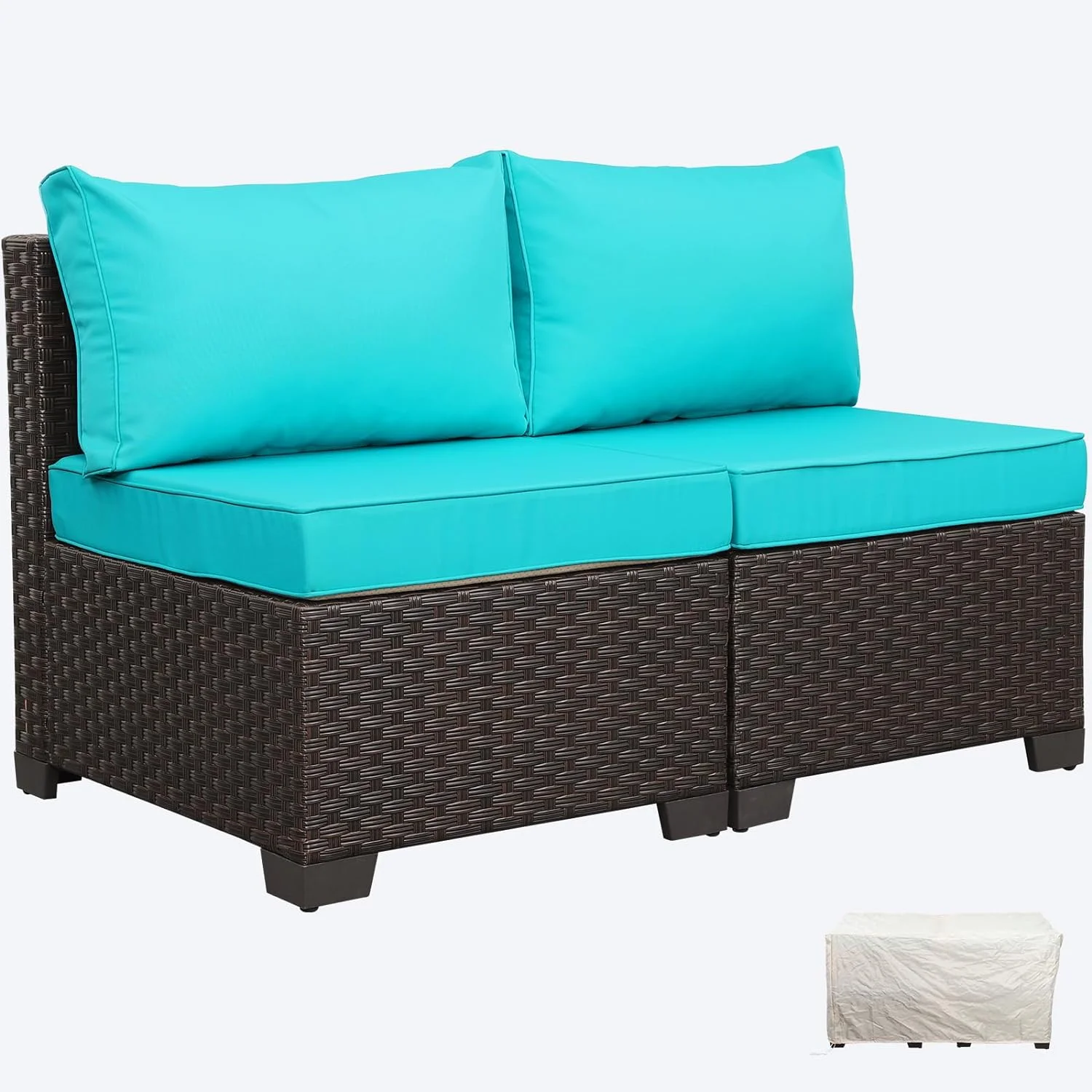 CHIDSL TUIONMJ Outdoor PE Wicker Patio TUIONMJ Set 2 Piece Armless Chair Brown Rattan Sofa with Khaki Cushions