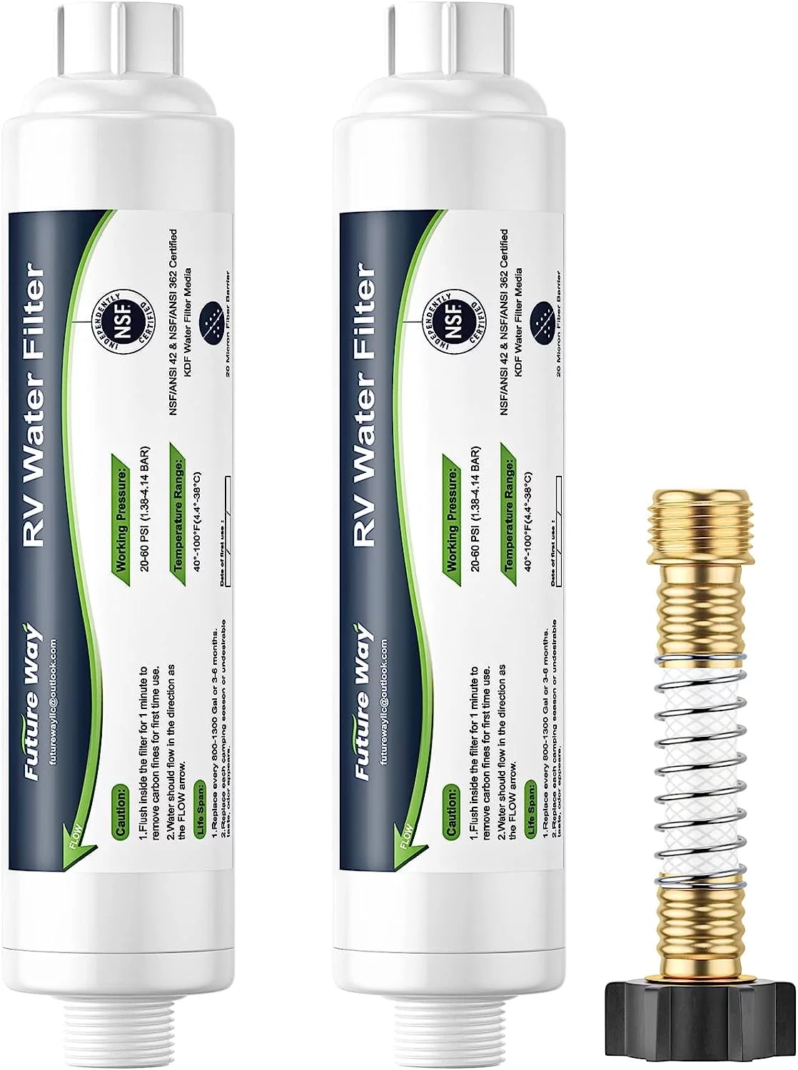 2 Pack RV Hose Water Filter with 1 Flexible Hose Protector(KDF), Ideal for RVs, Campers and Travel Trailers