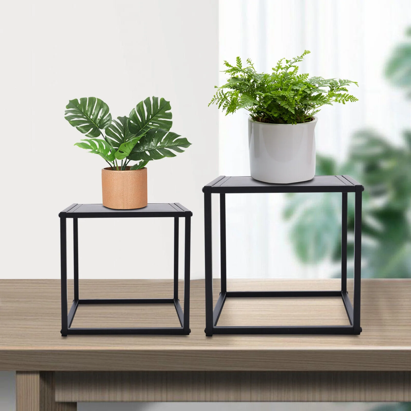 2PC Modern Metal Square Coffee Table Matt Black End Table Metal Side Table Plant Stand for Home,Office