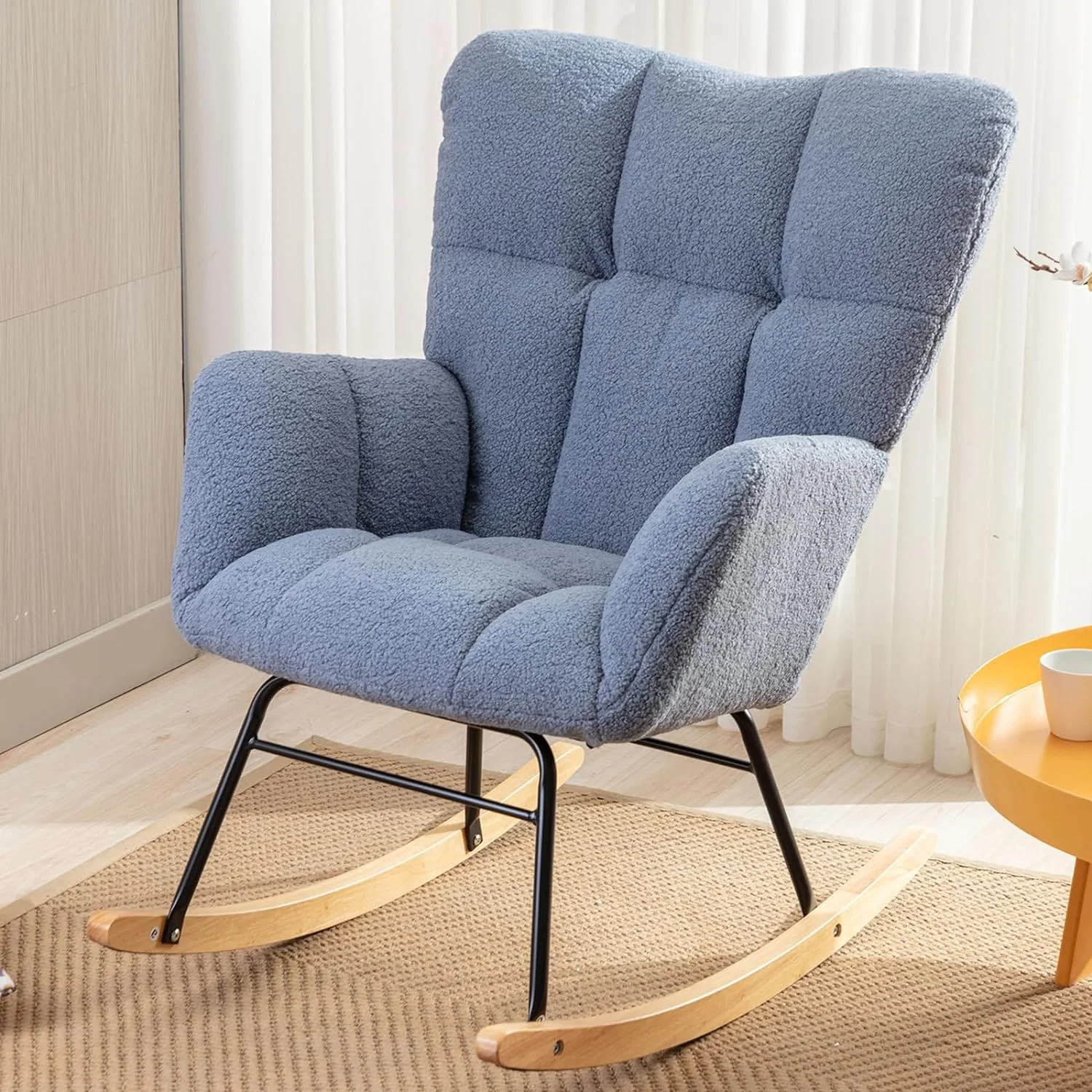 CLKHGFAR Modern Nursery Rocking Chair  Upholstered Glider Chair with High Backrest  Rocker  Armchair with Solid Wood Legs for Nursery Bedroom Living Room (Cream Teddy)