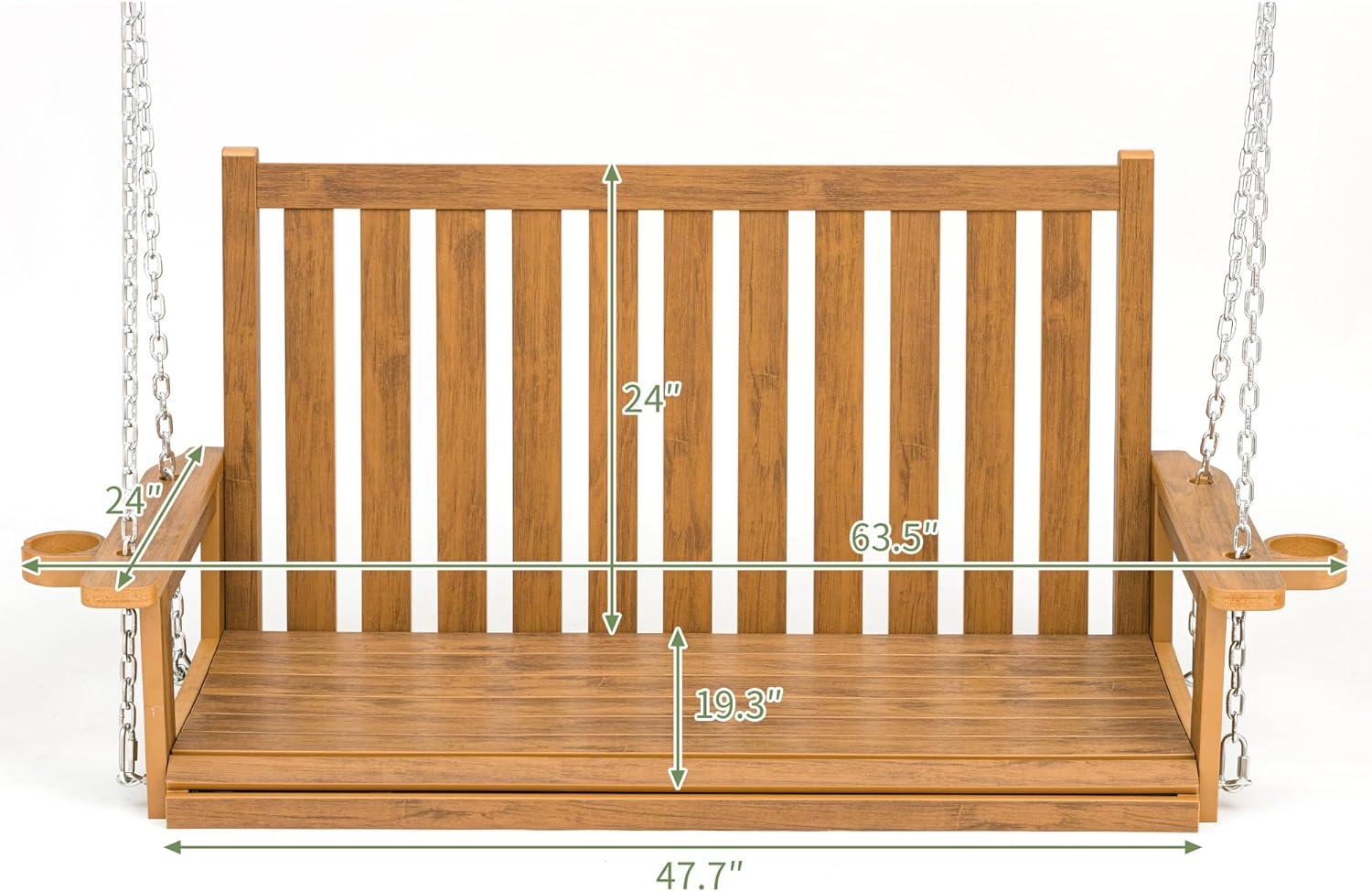 Poly Lumber Porch Swing with Cup Holders, 18/8 Stainless Steel Hanging Chains and Hardware, High Backrest and Deep Contoured Seat, Heavy Duty 900 LBS, All-Weather Resistant Bench Swing (Teak Tone)