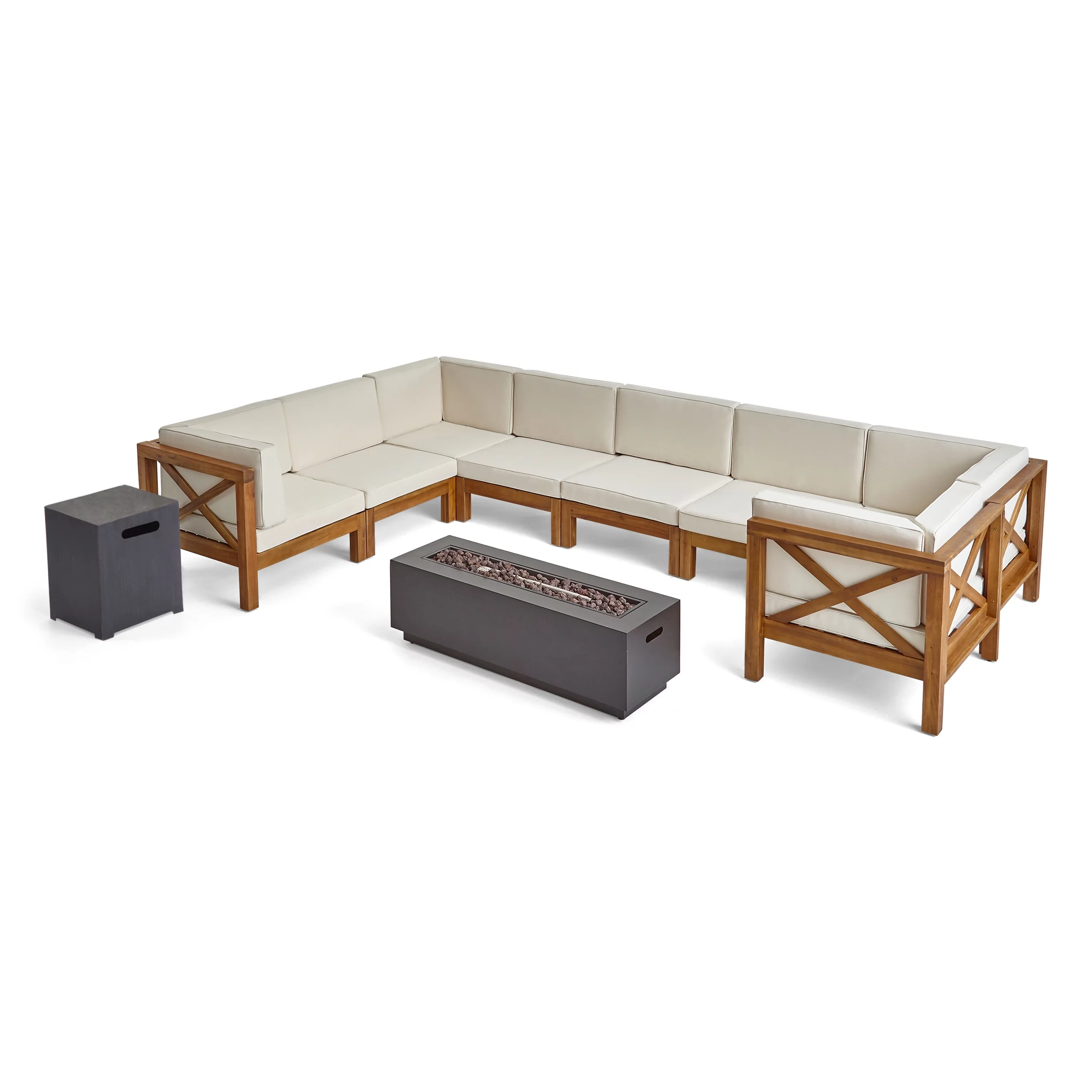 Kobe Outdoor 10 Piece Acacia Wood Sectional Sofa Set with Cushions and Fire Pit, Teak, Beige, Dark Gray