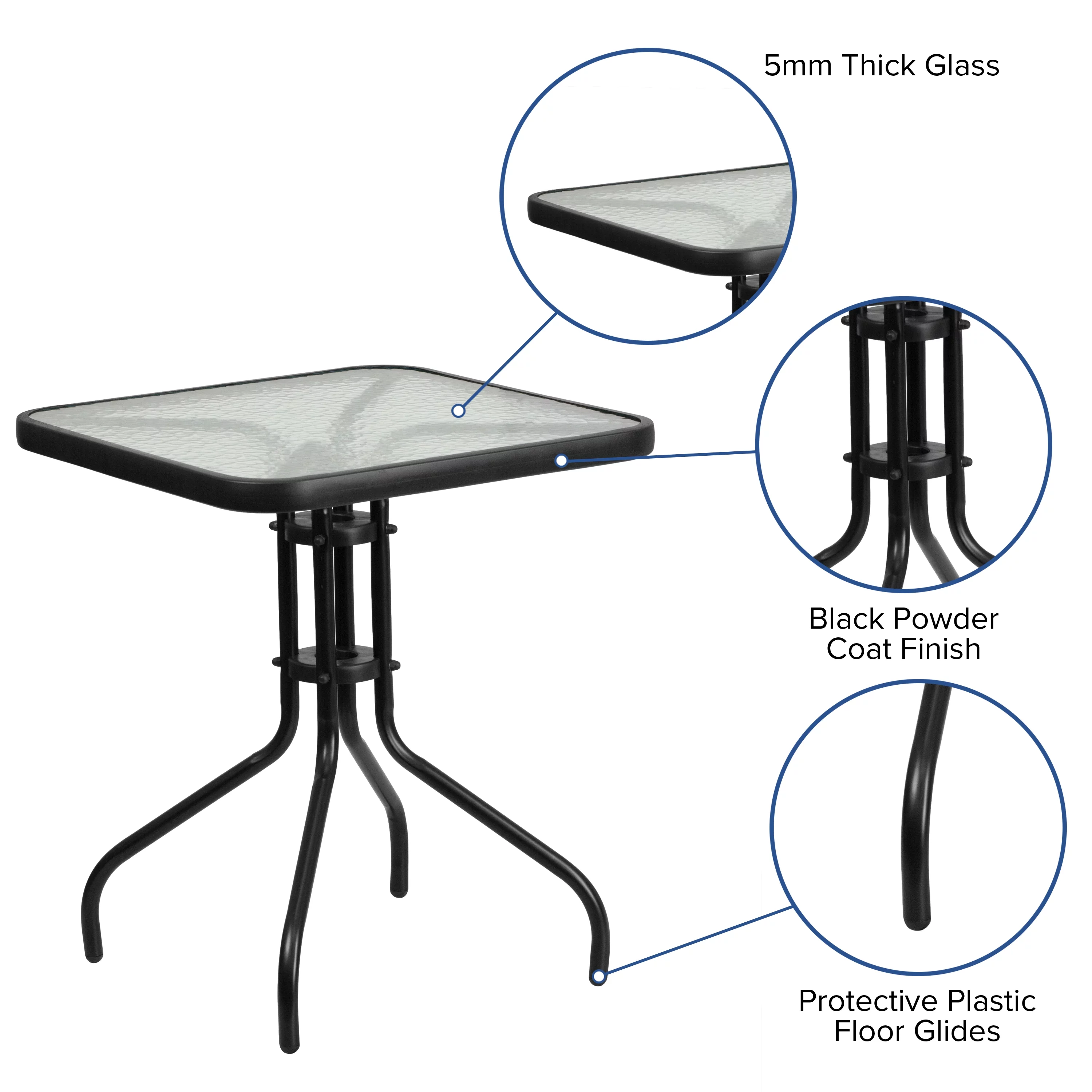 Flash Furniture Brazos Series 3-Piece Steel Glass Patio Table and Chair Set, Black