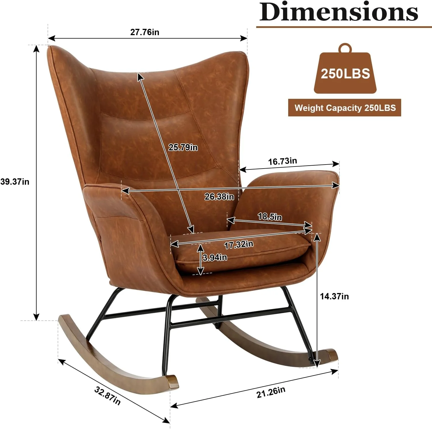 CHIOPKM Rocker Glider Chair Modern Nursery Rocking Chair PU Leather  with Wooden Base High Backrest and Armrests Padded Seat Comfy Upholstered  Chair   Room Bedroom Office Brown